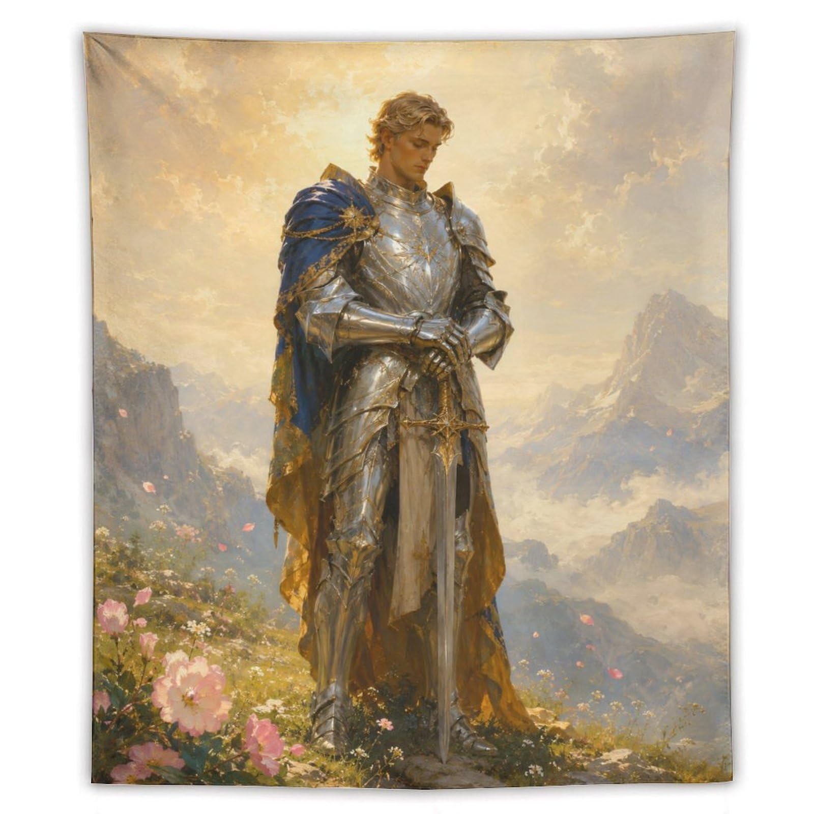 H3B8U2Y5 Medieval Golden Knight Mountain Wall Tapestry, Heroic Light