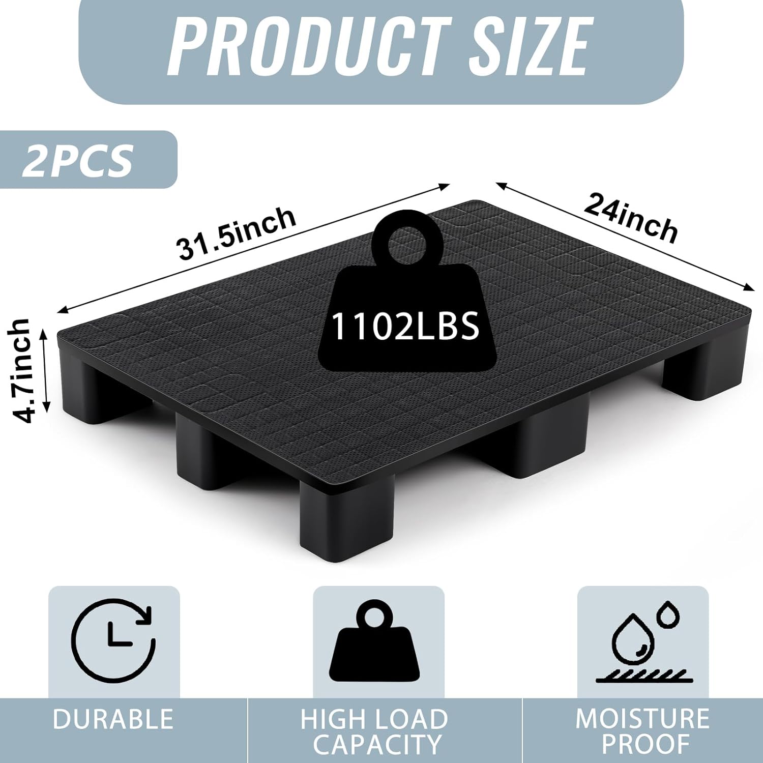 Vercraft 2 Pcs Plastic Pallet for Basement Storage Easy Stack Lightweight Floor Pallet Display Flooring Room Supermarket Christmas, Support up to 2000 Lbs (31.5'' L X 24'' W X 4.7'' H,Black)