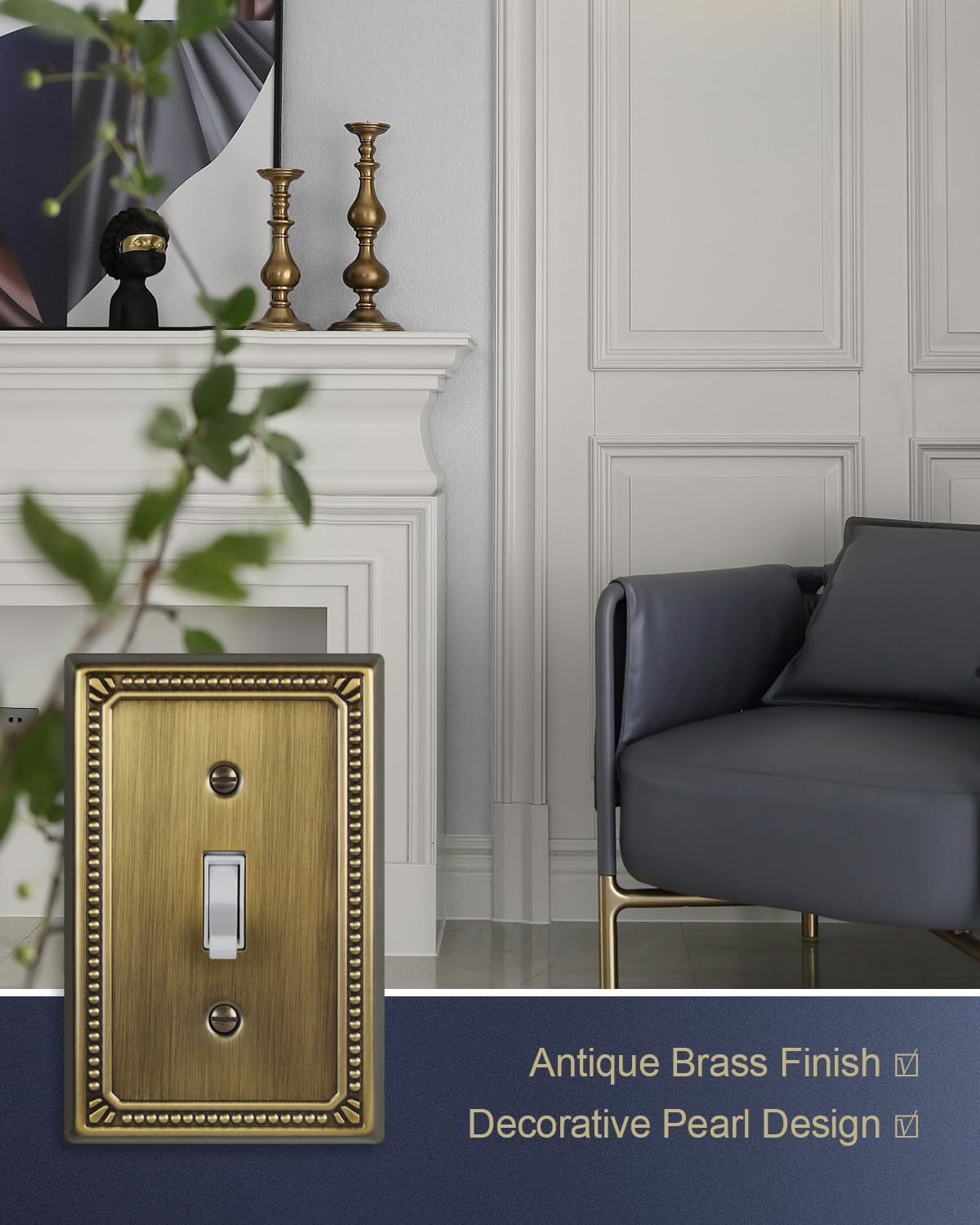 Metal Wall Plates, Switch Plates and Outlet Covers, Decorative Pearl Design (1 Toggle 2PK, Antique Brass, Midsize) - Image 2