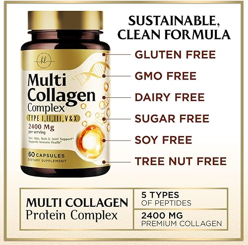 Miniatura 7 de Suplemento de colágeno múltiple de 2400 mg, el mejor complejo de colágeno hidrolizado para mujeres y hombres, con péptido tipo I, II, III, V, X,