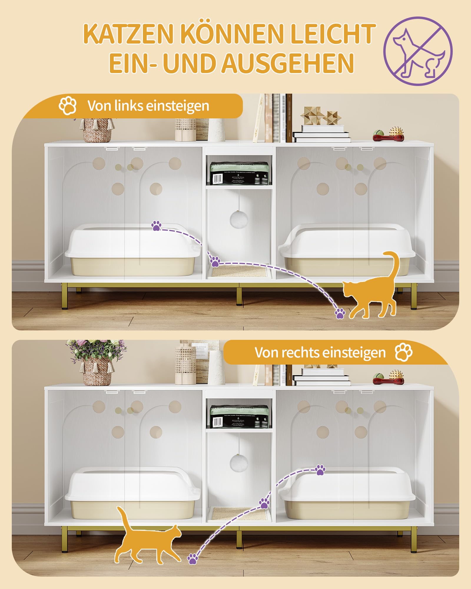 Hzuaneri Katzenschrank für 2 Katzen, Katzenklo Schrank, Katzenhaus Versteckt mit Doppelräumen, Mit Stauraum, Plüschbälle, Kann als Fernsehschrank, 140 x 48 x 62 cm, Weiß und Gold CB86513AV1