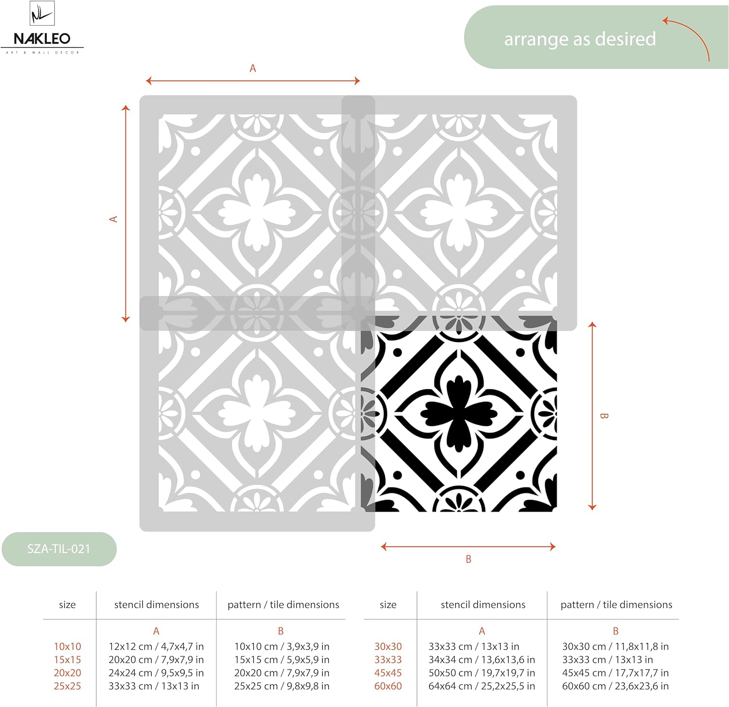 NAKLEO Tile Painting Stencil 17,7”x 17,7”, Romeira Spanish Moorish Flower Moroccan, Plastic Reusable Large Template, Home Decor Craft DIY, Floor Concrete Patio Wall - Terracotta