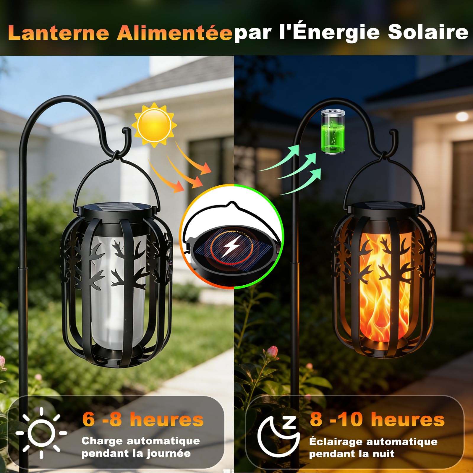 Lampe Solaire Exterieur, 4 Pièces Lanterne Solaire Exterieur avec Gen2 Effet de Flammes Vacillantes, Charge 2 Mode, Imperméables de Lanterne Suspendue pour Jardins Noël Halloween Balcon Deco