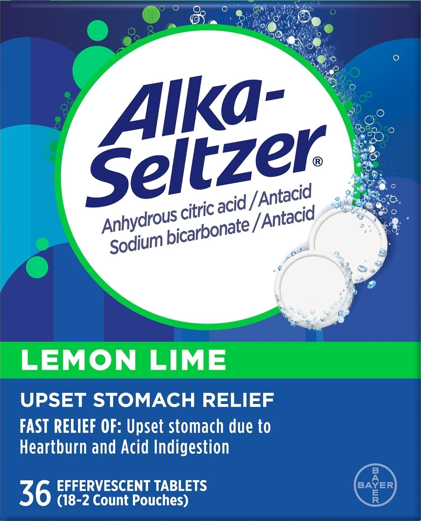 Alka-Seltzer Lemon Lime Heartburn Relief tablets, Fast acid Indigestion Relief, Antacid with Lemon Lime Flavor 36 Ct