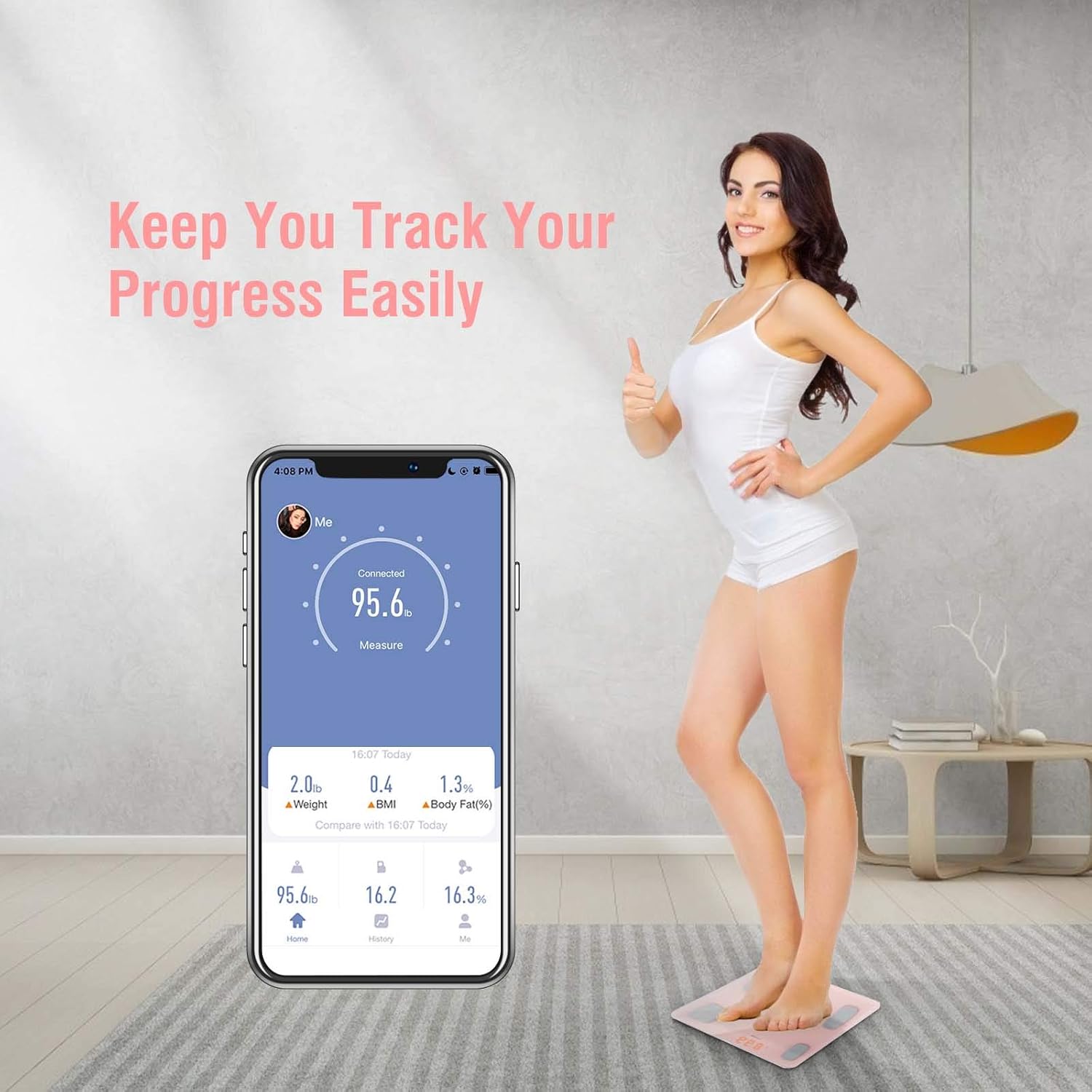 Woman standing on the scale with a smartphone displaying health tracking progress