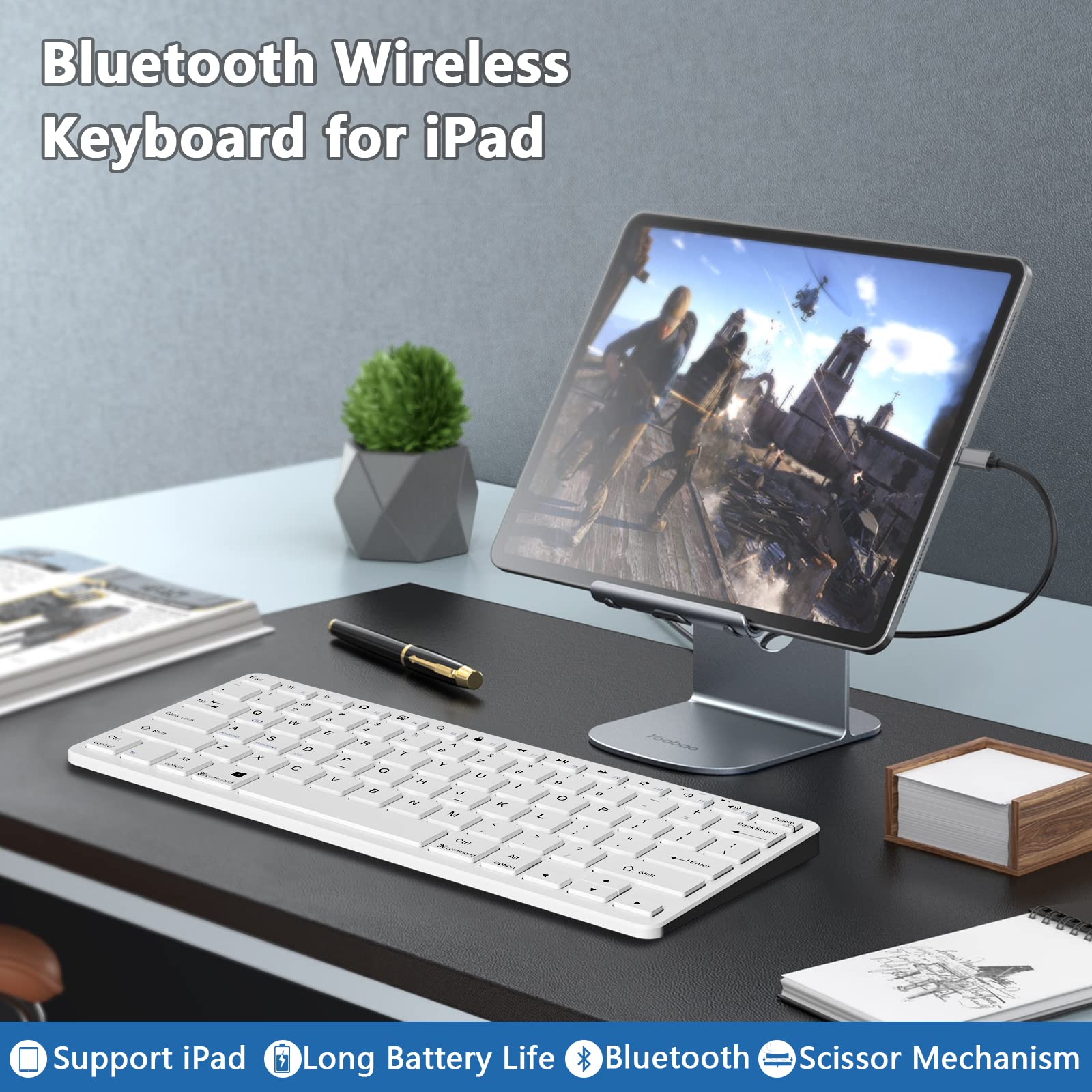 Teclado Bluetooth para iPad Teclado inalámbrico compatible con iPad 10ª/10.2 (9ª/8ª/7ª generación), Air 5ª/4ª, Pro 11/12.9, 9.7, Mini y todos los dispositivos Bluetooth (blanco) 6