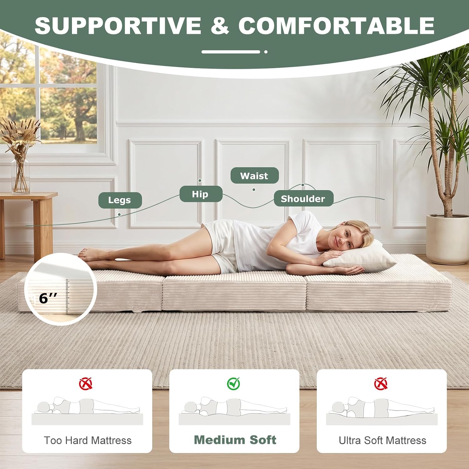 6 Inch Tri Fold Memory Foam Mattress Queen Size, Foldable Futon Mattress Topper with Removable Washable Cover, Portable Floor Sofa Bed Guest Mat with Carry Handles & Non-Slip Bottom for Camping image 5
