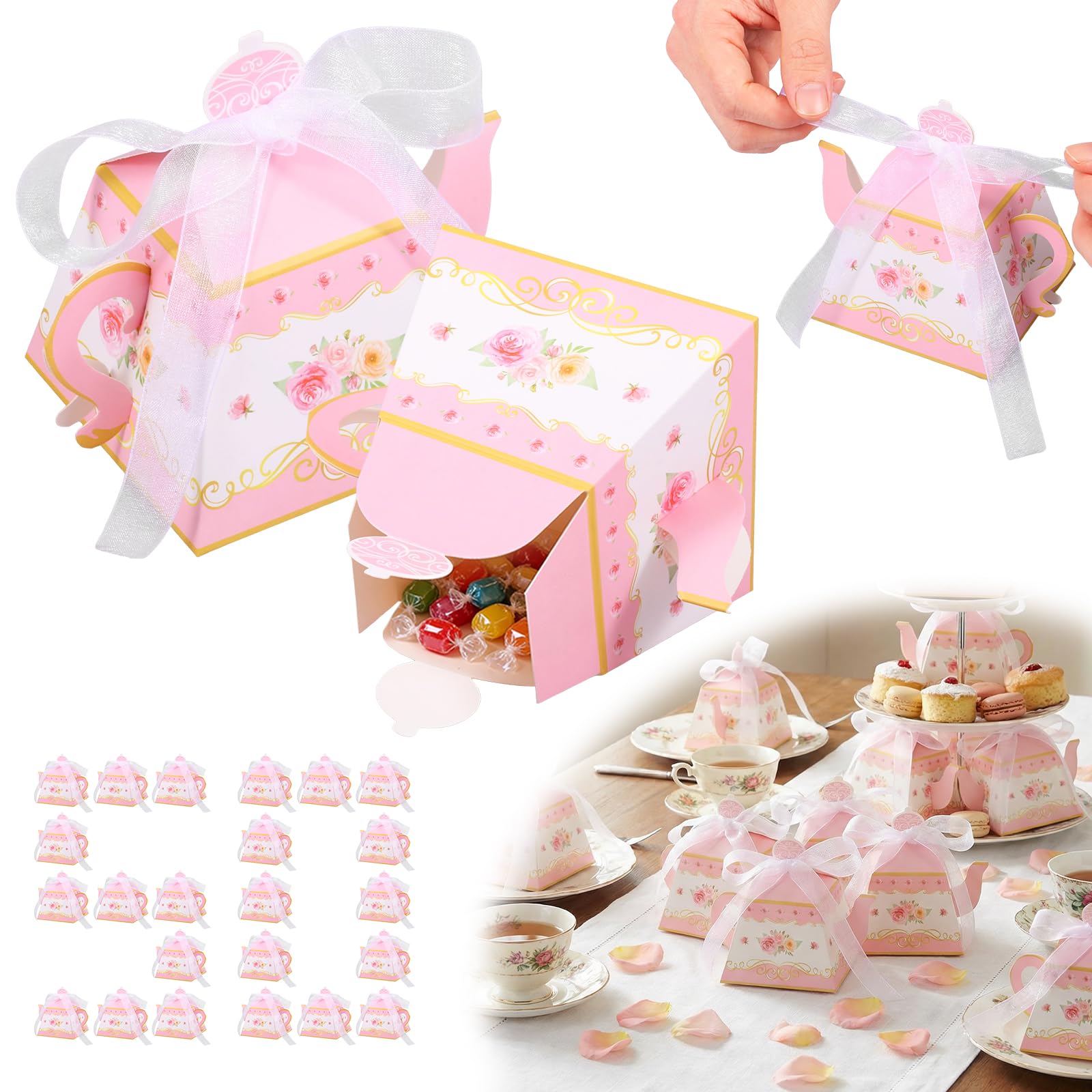 50Pcs Teapot Party Gifts Box Vintage Floral Teapot Candy Boxes, Paper Candy Treat Boxes with Ribbon Afternoon Tea Parties Decorations for Wedding Birthday Baby Shower Anniversary Party