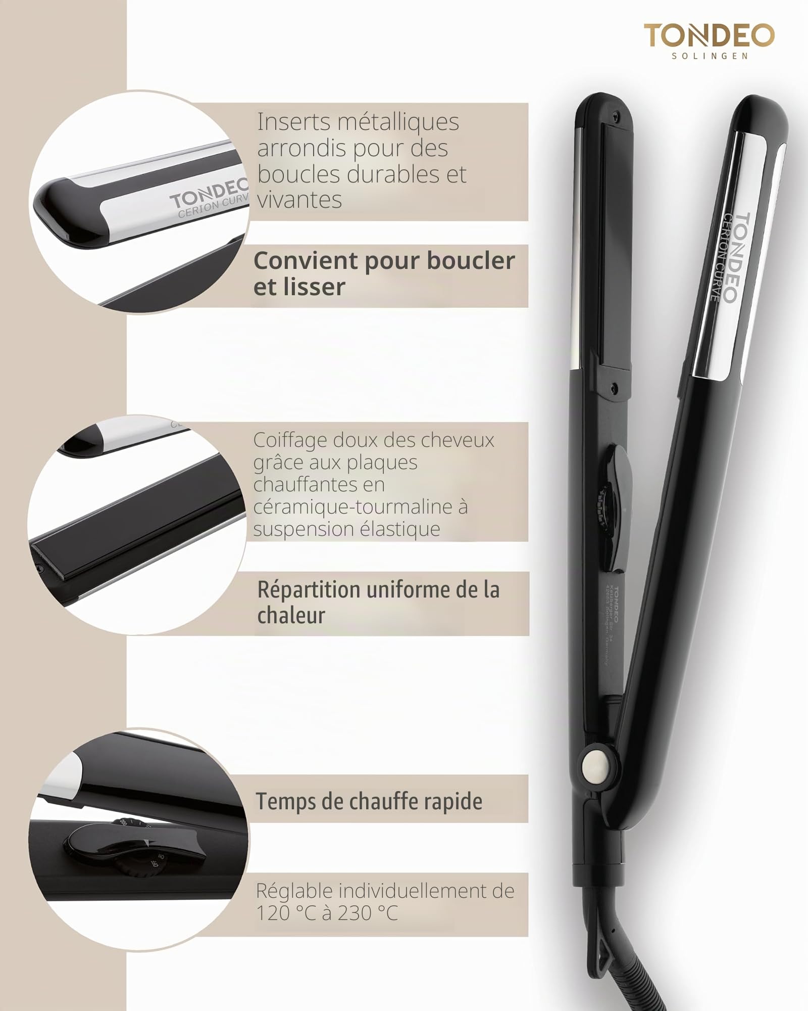 TONDEO Lisseur Cheveux CERION CURVE boucles et lissage | Lisseur pour cheveux avec fonction 2 en 1 | Pour des boucles durables et des cheveux soyeusement lisses