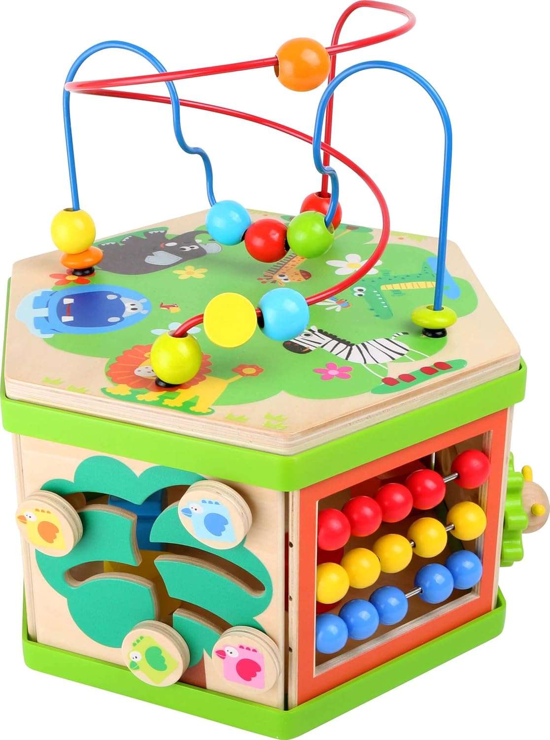 Small Foot Wooden Toys Safari Theme 12" Activity Cube Center 7-Sided Designed for Motor Skills Training Designed for Children 12+ Months, Multi