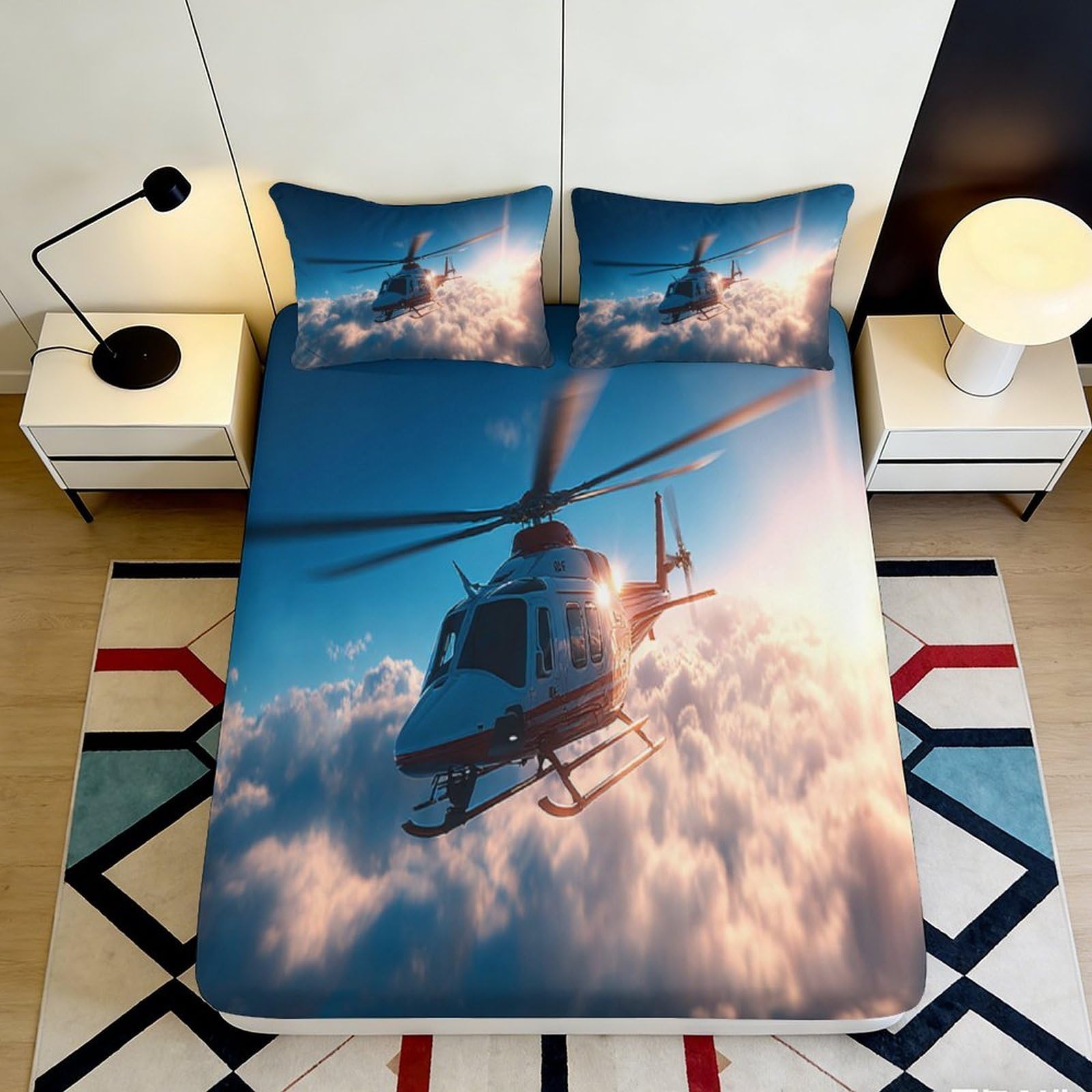 3D Printed Helicopter Sky Fitted Sheet Microfiber Soft Anti-Slip Cloud Scene Mattress Cover for Bedroom Dorm Decor 120x200x25cm