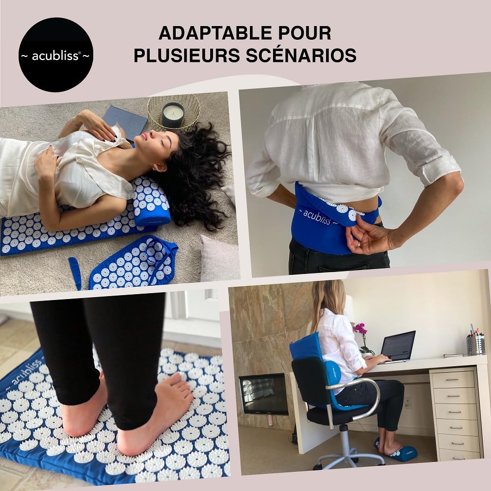 Acupression Tapis, Oreiller et Sangle Ensemble pour Cou et Dos Soulagement Douleur, Augmenter Énergie, Relaxation, Transport Sac, Profond Bleu