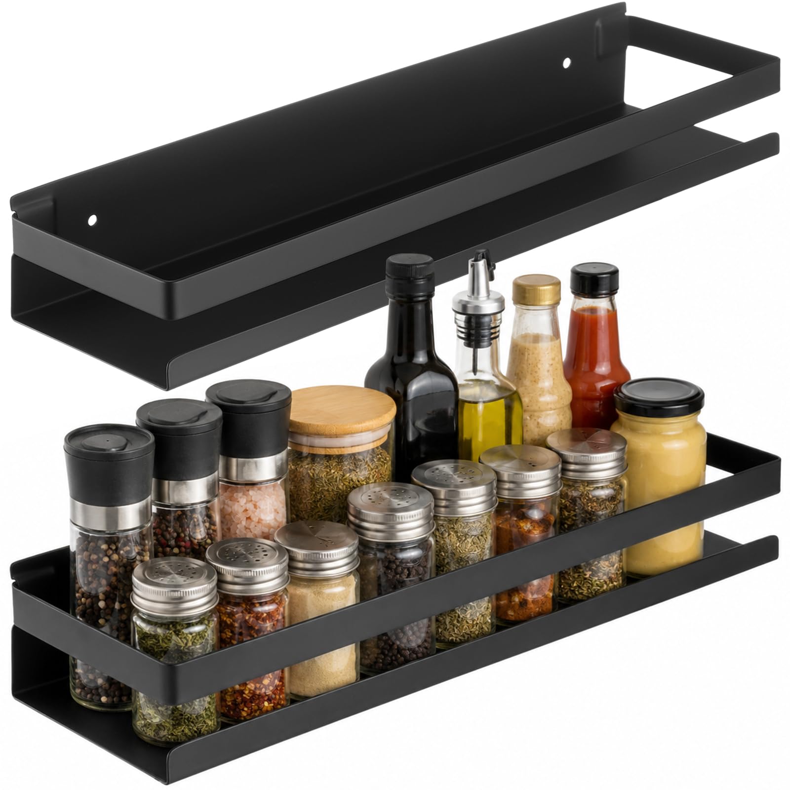 2 Stück Gewürze Rack, 15,7 x 3,9 x 2,3 in Wandhalter, SUS 304 Edelstahl Keine Bohrer Gewürze Racks, rostdichtes schwarzes Metallregal für Küche Badezimmer Wohnzimmer Balkon Organizer