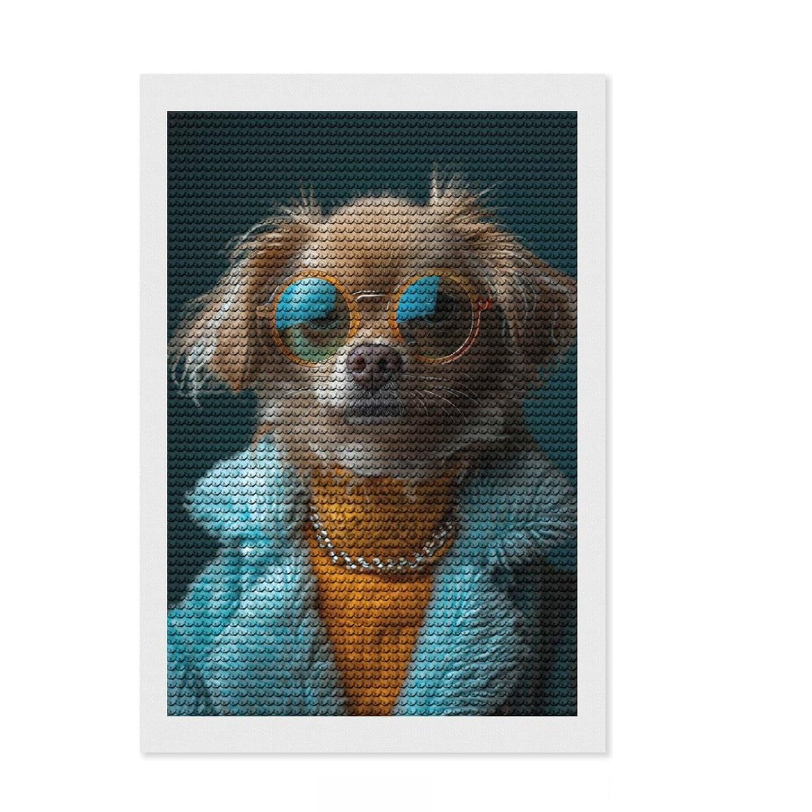 Junmoney Stylish Dog Portrait with Sunglasses Diamond Art Canvas 8"x12", Good for Quiet Evenings, Mindful Craft Activity, Office Decor, Gift Idea, with Tool Kit