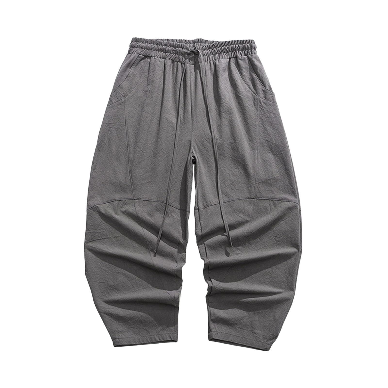 Pantalones de lino para hombre, largos, ligeros, elásticos, sueltos, informales, con bolsillos, harén, de lino, pantalones de yoga, pantalones piratas largos, hippie, pantalones casuales, holgados