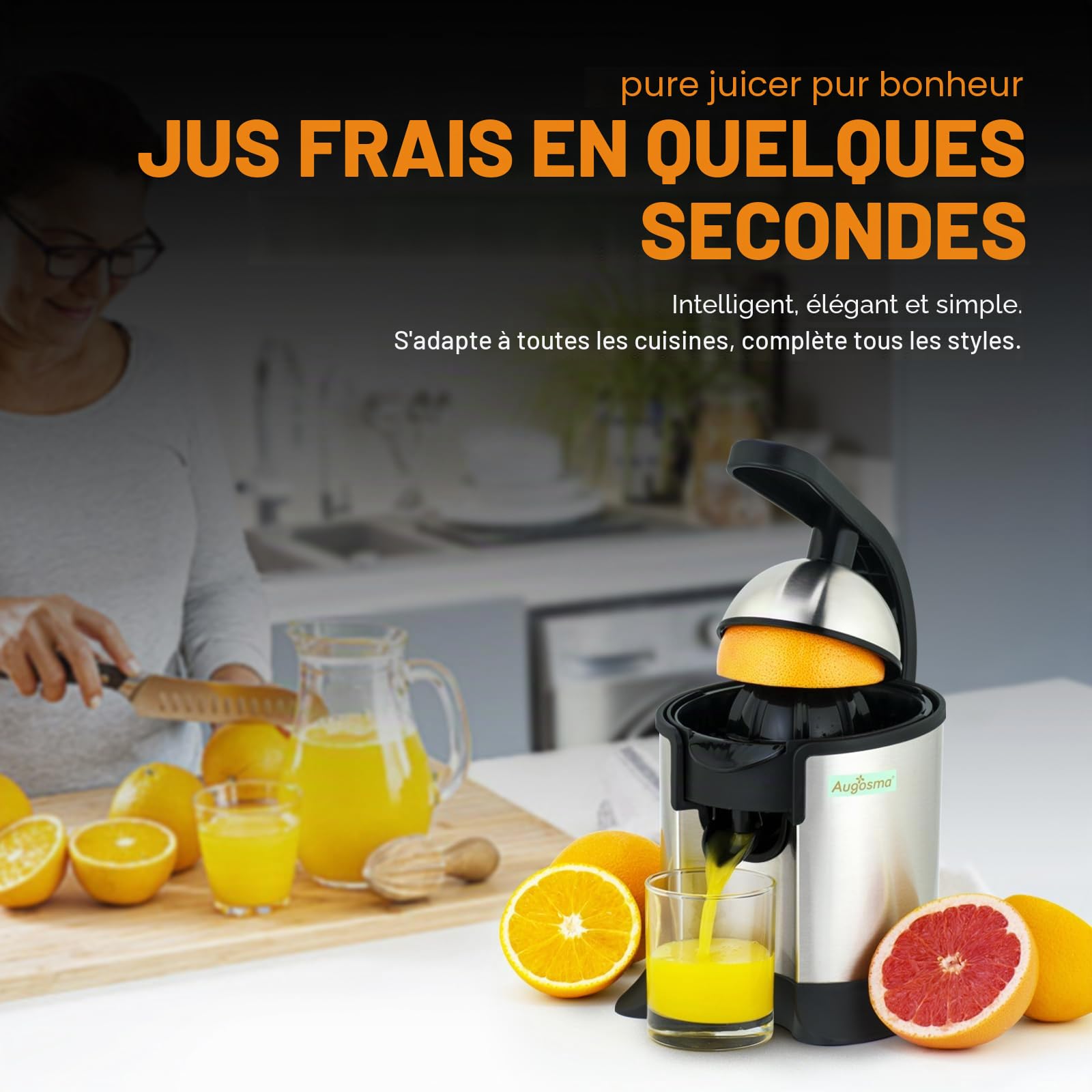 Presse-agrumes électrique de haute qualité, adapté aux oranges, citrons et pamplemousses, acier inoxydable brossé, facile à nettoyer et à utiliser (noir+argent)