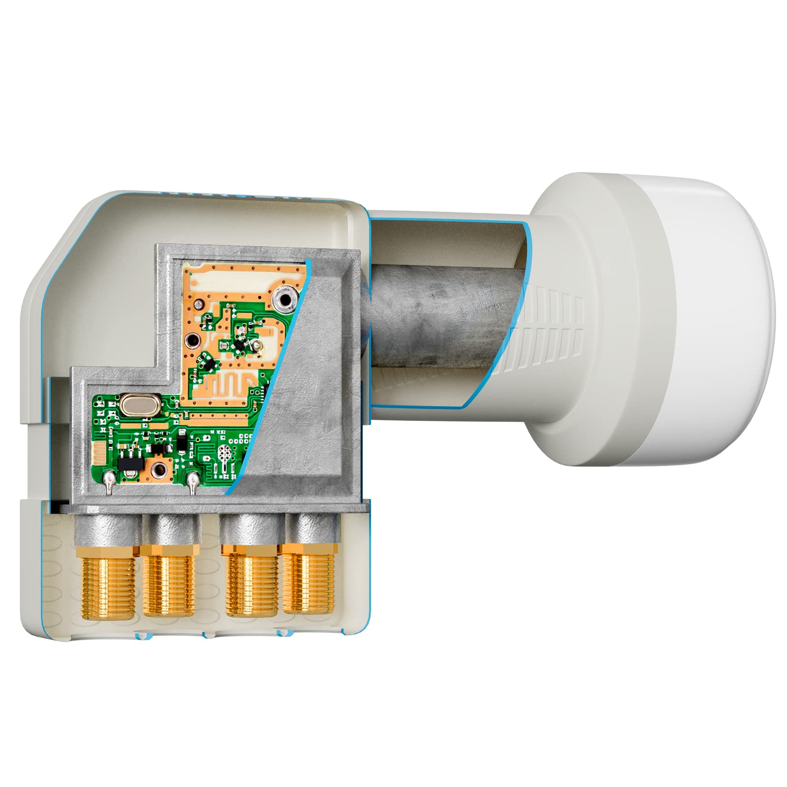 HB-DIGITAL Quad LNB 4 Veces DVB-S DVB-S2 Full HD TV 3D TV 4K UHD Sat 4 Participantes con Protección Climática + 8X F-Conectors Dorados