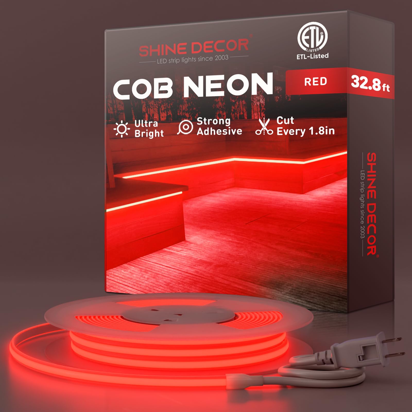 Shine Decor COB LED Rope Light AC 120V, 800lm Ultra Bright, IP65 Waterproof Cold-Resistant ETL Neon Strip, No Driver Tape Lighting for Home Commercial