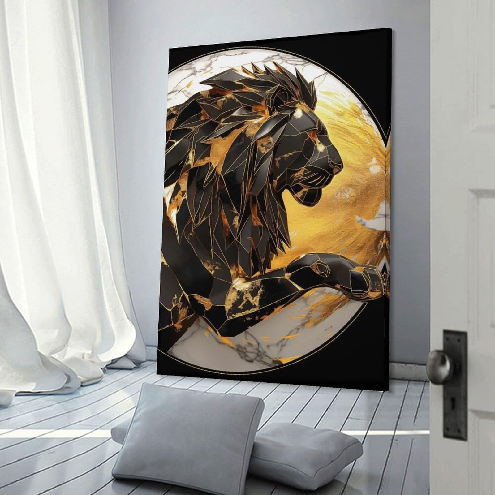 Junmoney Hanging Wall Art Geometric Lion with Gold And Marble, 24x36inch(60x90cm), for Living Room, Bedroom Or Apartment Walls, Decorative Artwork for Empty Walls