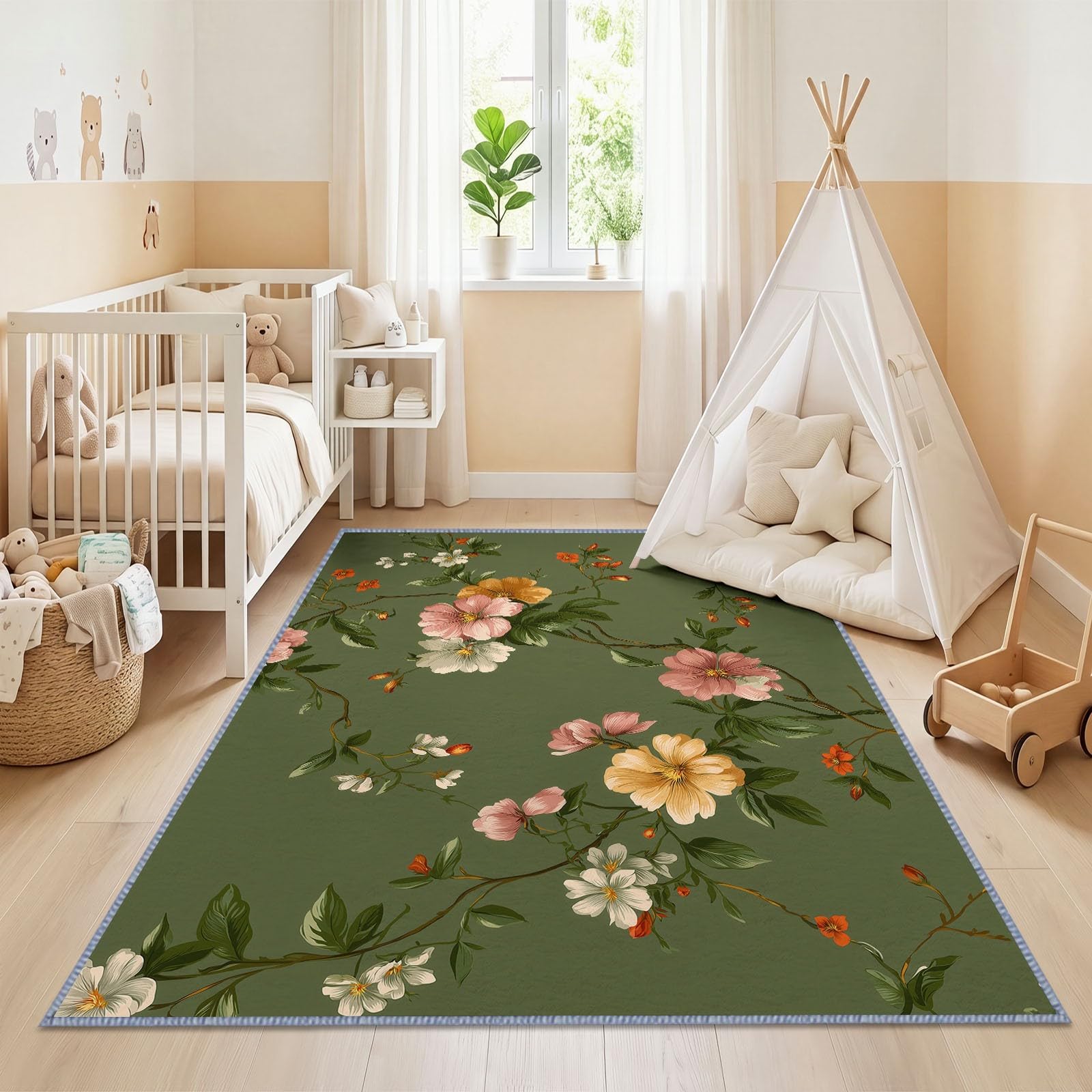 Générique Fleur Feuille Vert Foncé Tapis Salon 140x200 cm Lavable en Machine, Bohème Rétro Pastoral Tapis AntidéRapant Doux Poil Ras, pour Salon, Chambre et Salle à Manger