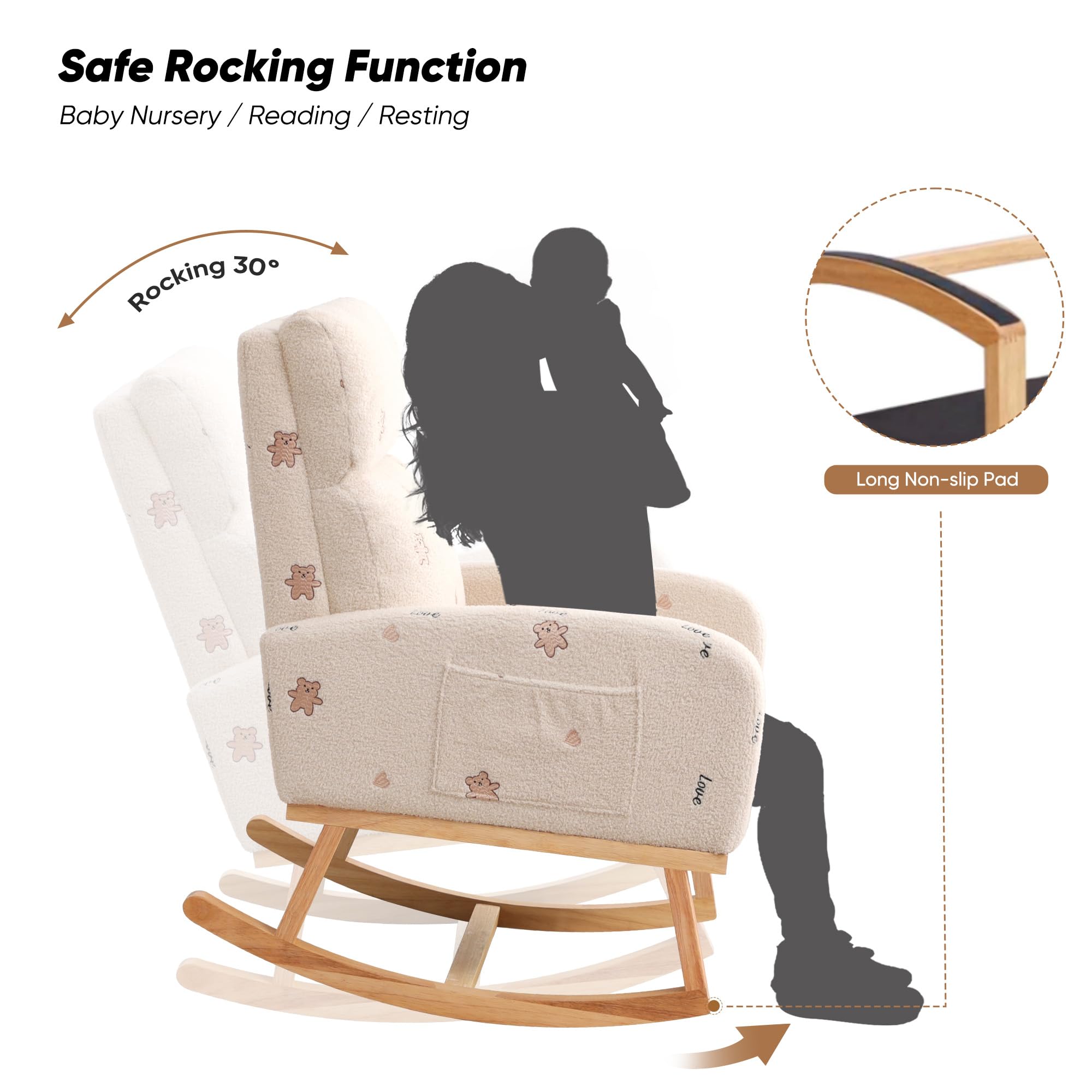 HCHAIRH Rocking Chair Nursery, Sherpa Nursing Rocking Chairs, Upholstered Nursery Glider Rocker for Mom Nursery Morden Rocking Chair with Side Pocket for Living Room,Bedroom,Teddy Beige Bear Printed