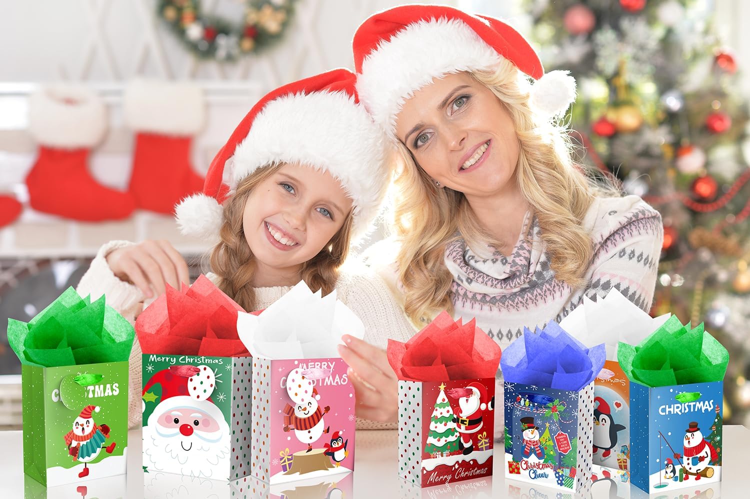 XiaosRen 60Pcs Mini Chirstmas Gift Bags with Tissue Paper and Tag, Small Paper Bags with Handles Assorted Cute Christmas Design for Xmas Holiday Presents Wrapping.