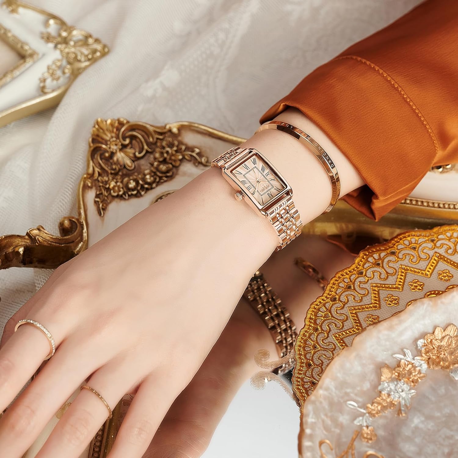 Valence Women Watch, Fashional Watch for Lady, Gold and Silver Small Metal Band Watches for Women, Waterproof Roman Dial Elegant Design Gloden image 7 of 7 B0F8QS2RKZ