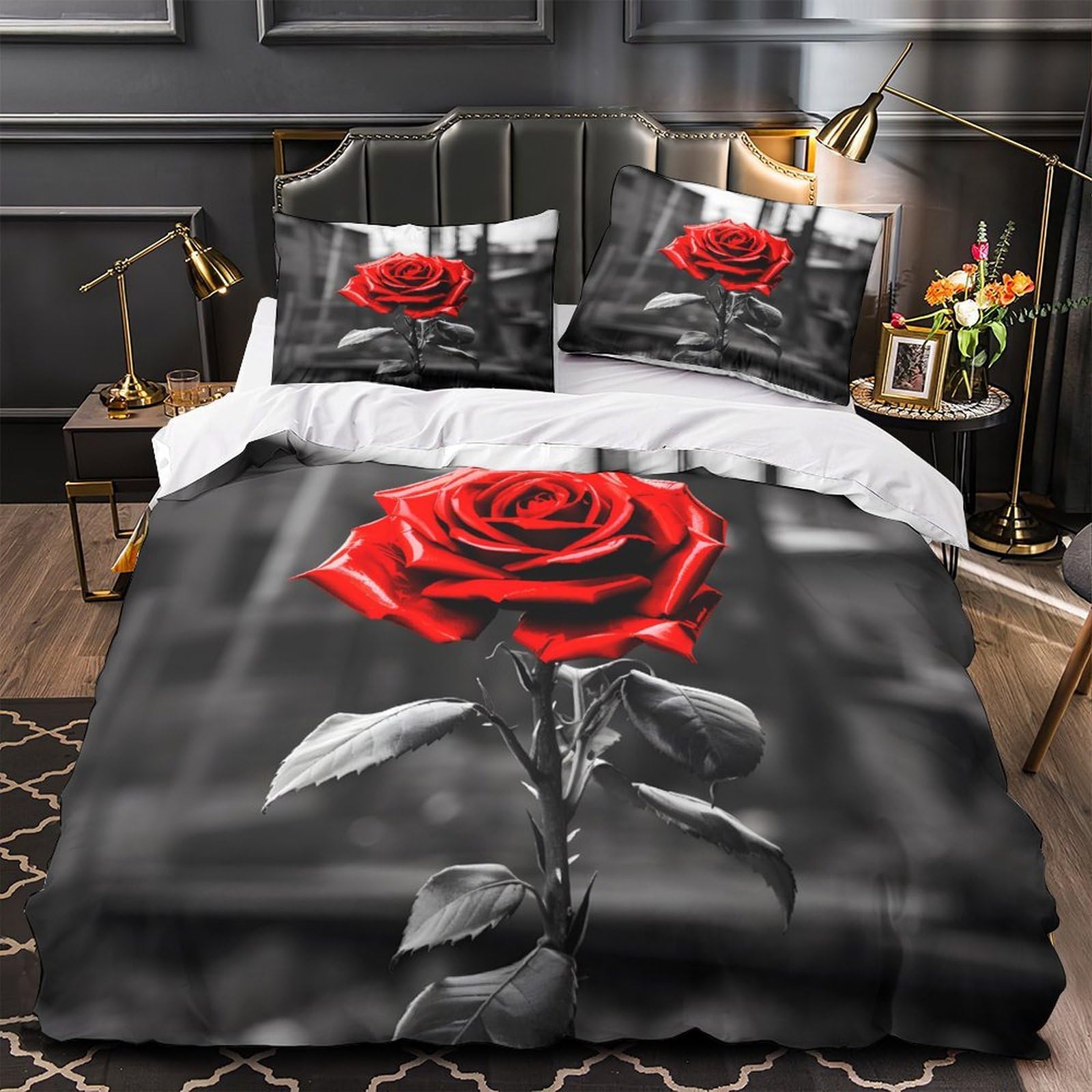 RedRoseFlower Quilt Cover 3D Print Hypoallergenic 3PCs Bed Linen Hidden Zipper ArtisticBlackWhite Comforter Cover Luxury Breathable for Adults Teens Women Kids Girls Boys Youth Single（140x200cm）