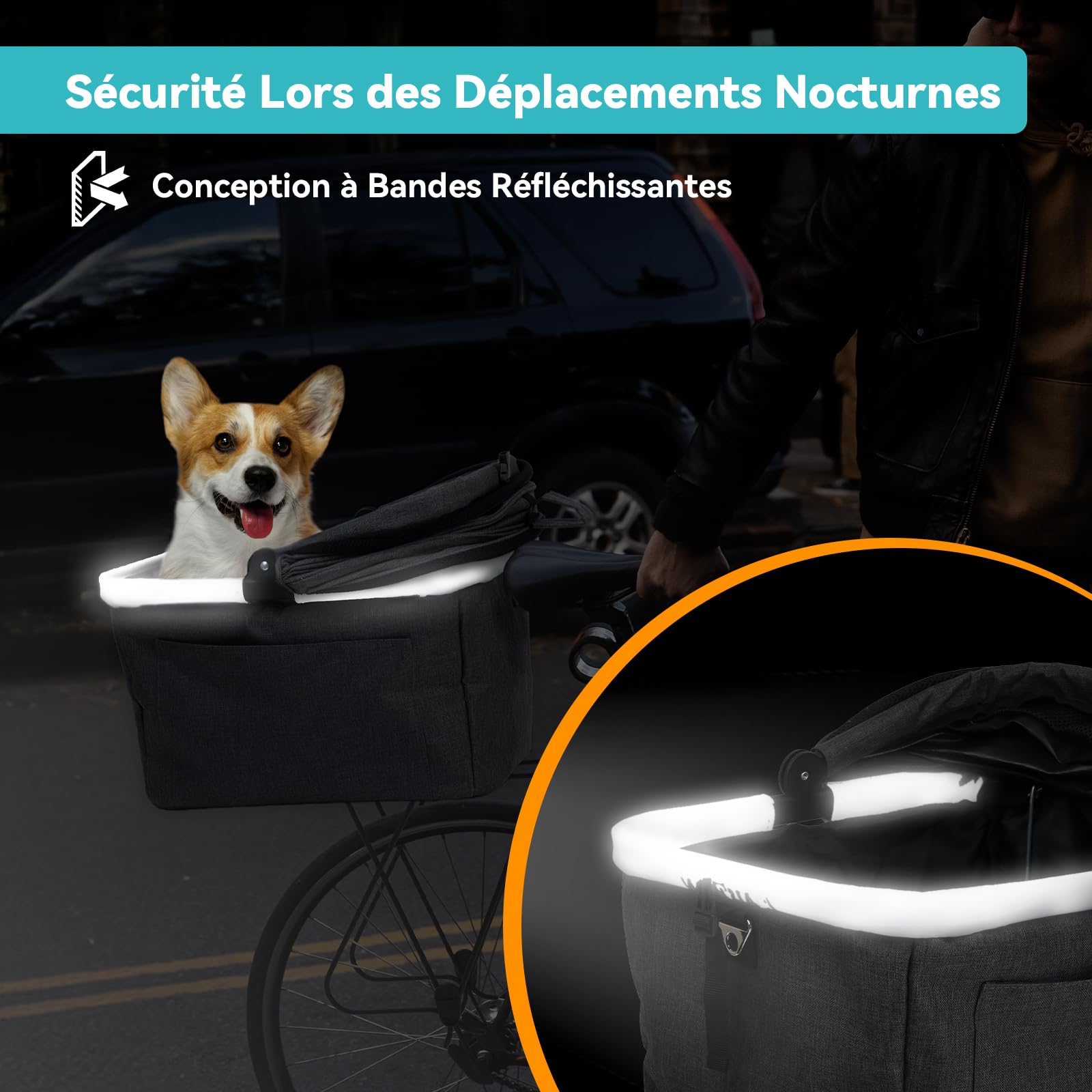 Panier Vélo Arrière pour Chien Pliable Jusqu’à 12KG avec Cadre Métallique, Fixation Rapide pour Diamètre de 9 à 12mm, Fenêtre en Maille, Coussin Doux, Bandes Réfléchissantes