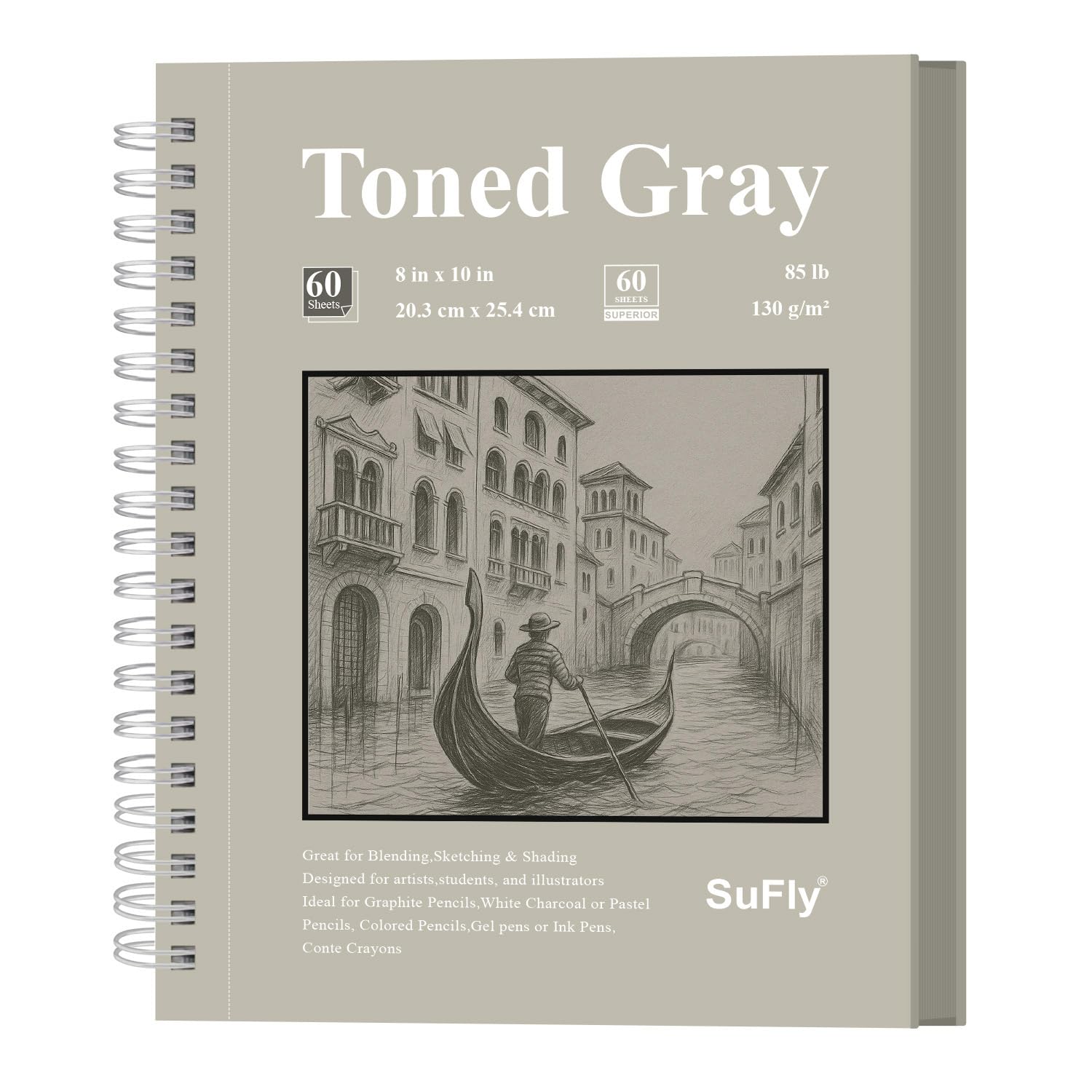 Sufly Blocco da disegno in carta grigia da 20,3 x 25,4 cm, 60 fogli pesanti, rilegato a spirale per ombreggiatura, illuminazione e pratica di valore