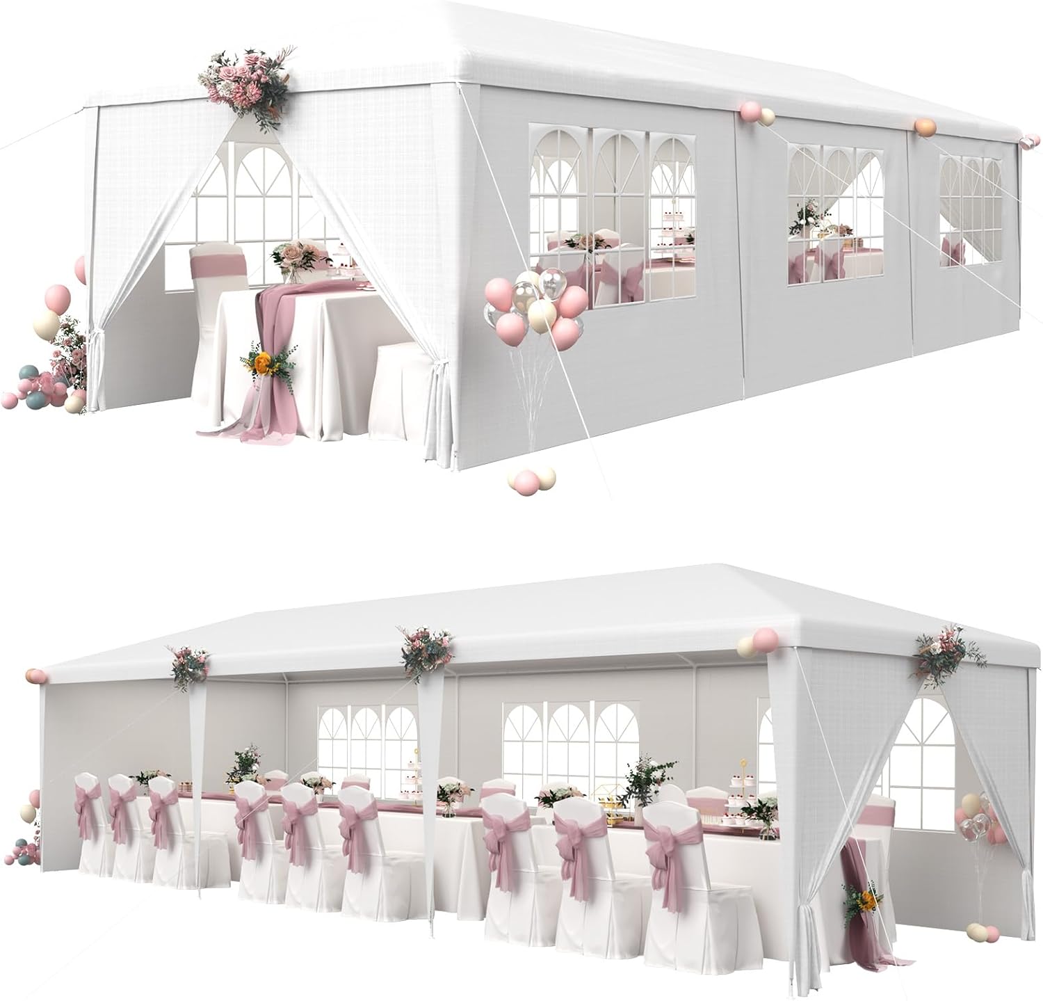 EROMMY 10x30 Party Tent with Sidewalls, Heavy Duty Waterproof PE Outdoor Canopy with 6 Removable Sidewalls & 2 Zipper Doors, Steel Frame for Wedding, Party, Event & Backyard, White