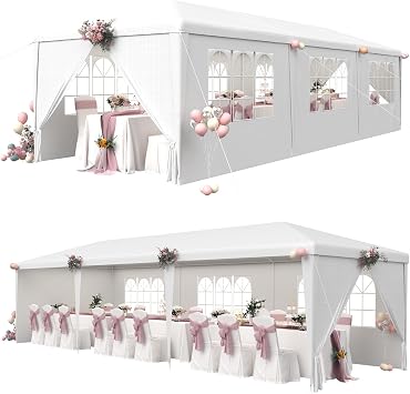 EROMMY 10x30FT Party Tent with Sidewalls, Waterproof Outdoor Event & Wedding Canopy, 6 Removable Panels, 2 Zipper Doors, Backyard Gazebo Tent, White