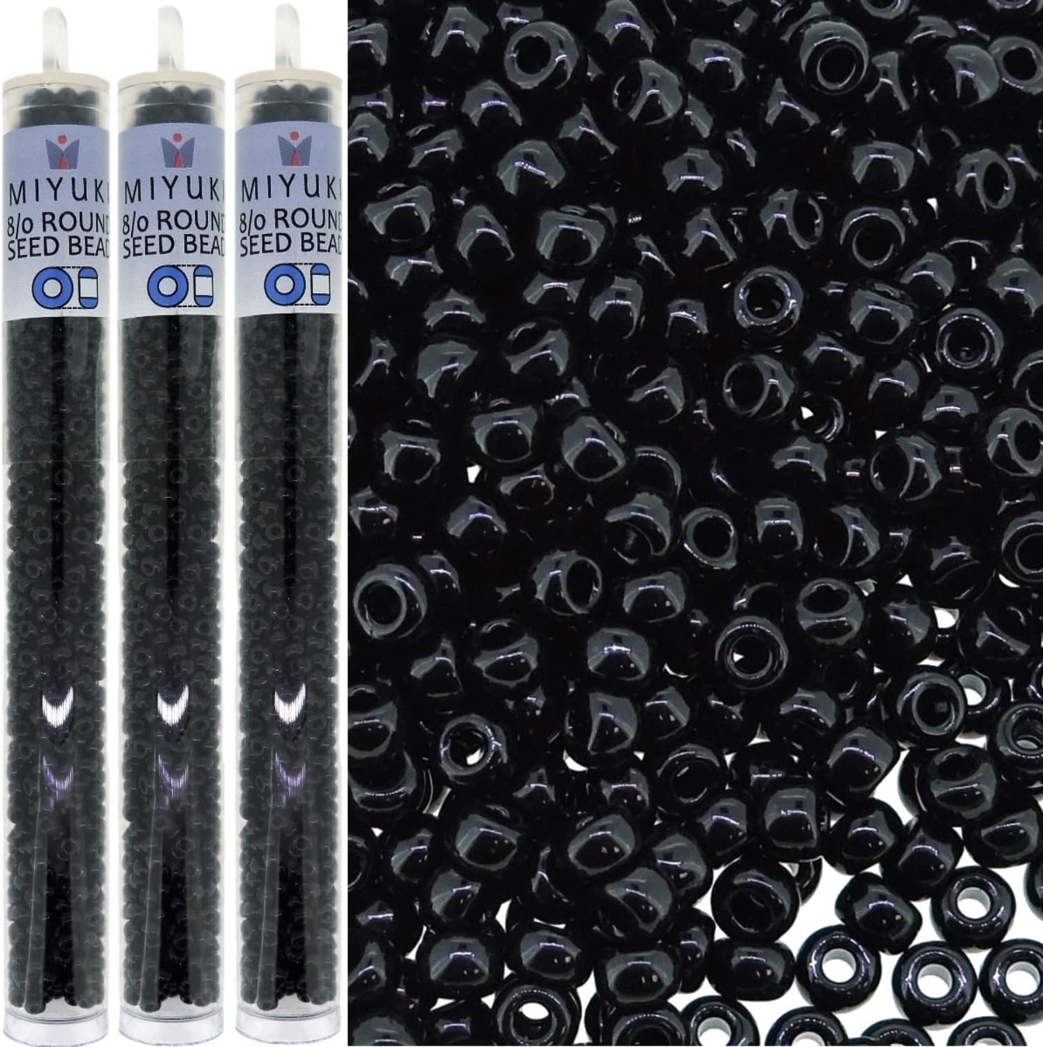 3 Tubes - Miyuki Round Rocailles Size 8/0 Seed Beads, Opaque Black, 22 Grams Each (66 Grams Total) 8-401
