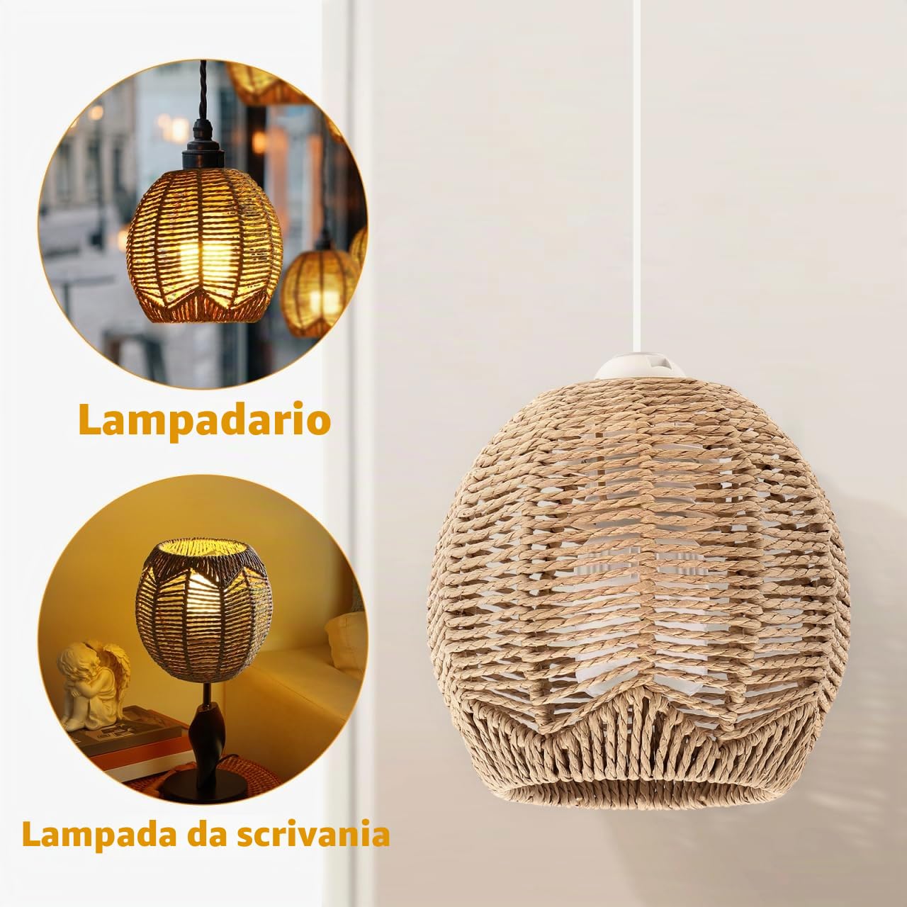 Angoily 3 paralumi in tessuto retrò rattan, cesto a sospensione, per sala da pranzo, soggiorno, 14 x 15 x 15 cm (diametro del foro centrale: 4 cm)