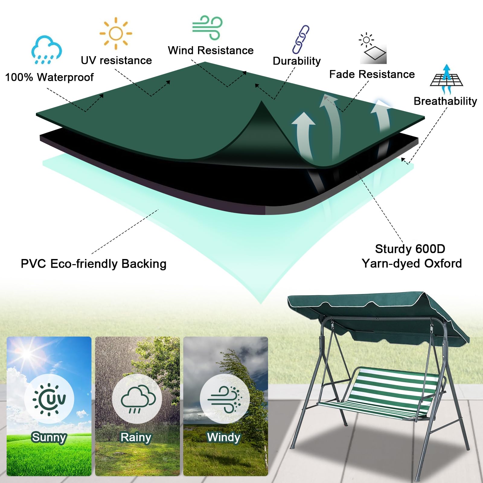 WingFly Funda de Asiento de Jardín para Columpio de Jardín, para Silla Mecedora de Jardín, Fundas para Silla de Jardín, 2 y 3 Plazas Rayas Horizontales Verde (158 * 52 * 52cm)