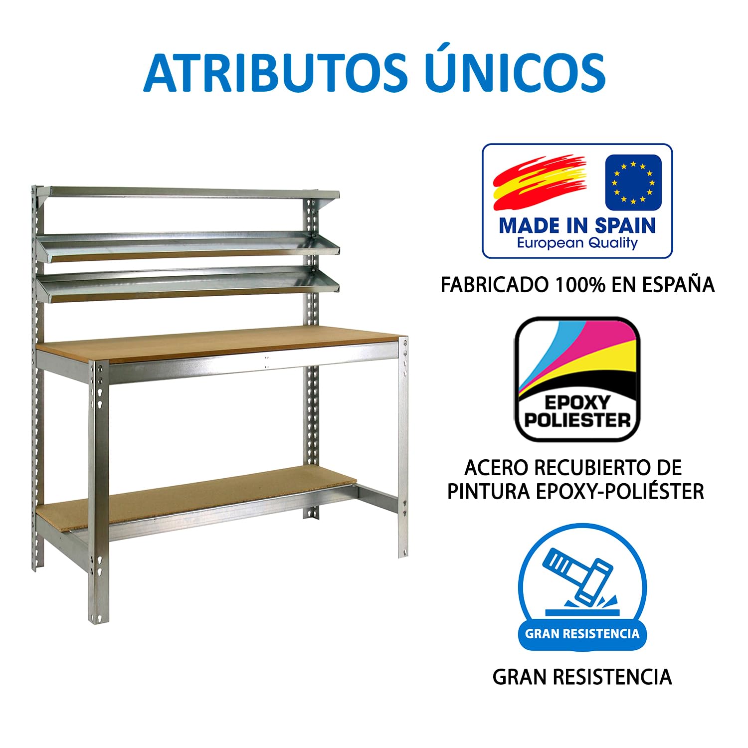 Simon Rack Banco de Trabajo con 3 repisas y cajón 910x610 mm - BT1 | Capacidad Carga 400 kg, Pintura anticorrosión, Galva , Montaje sistema clic