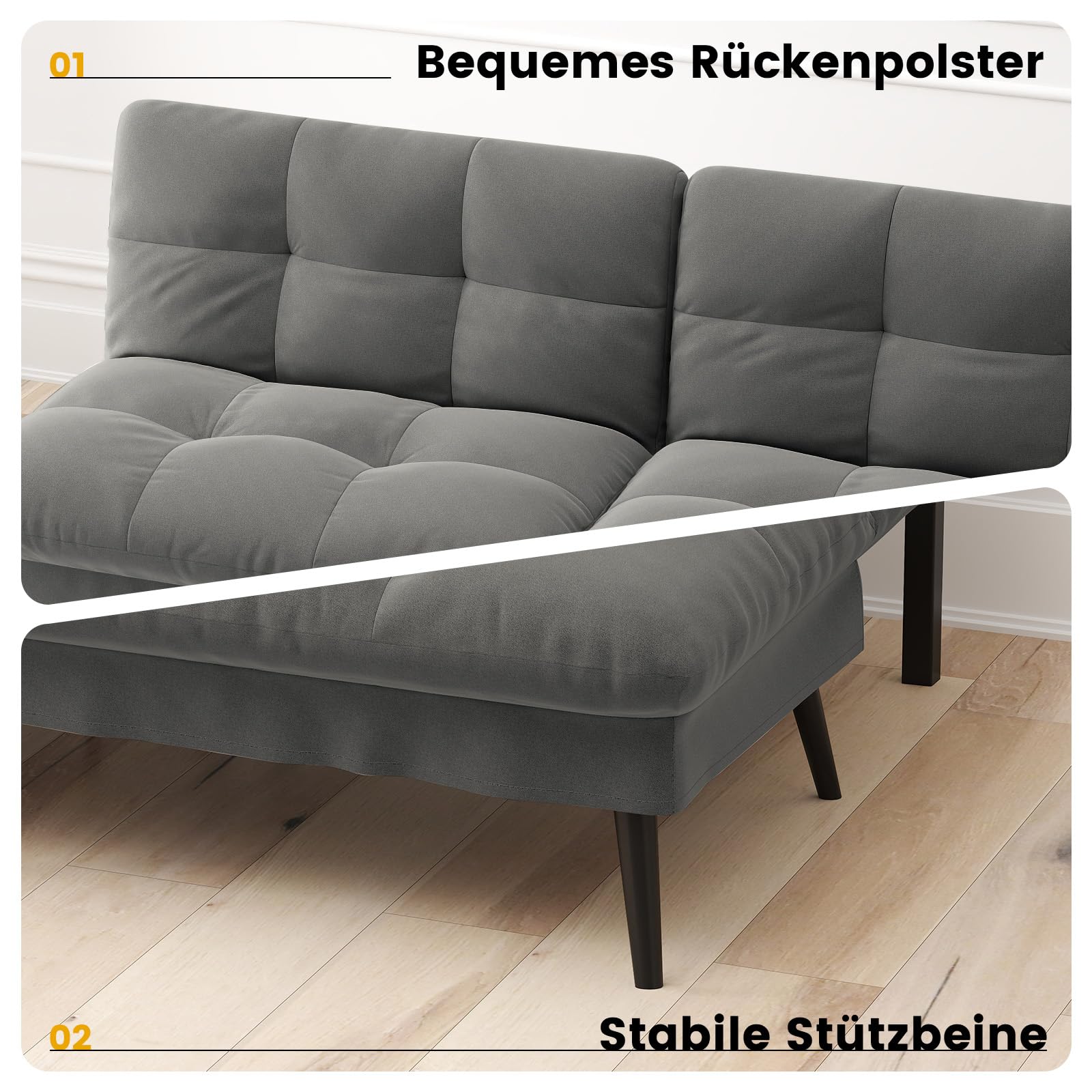 LUCKRACER Sofa 3 Sitzer Sofa Schlafsofa mit Schlaffunktion, überzug Futon Klappsofa, Bettcouch, ecksofa, Couch, 5 Verstellbare Winkel, Ideal für Wohnungen Wohnzimmer aus Stoff Grau