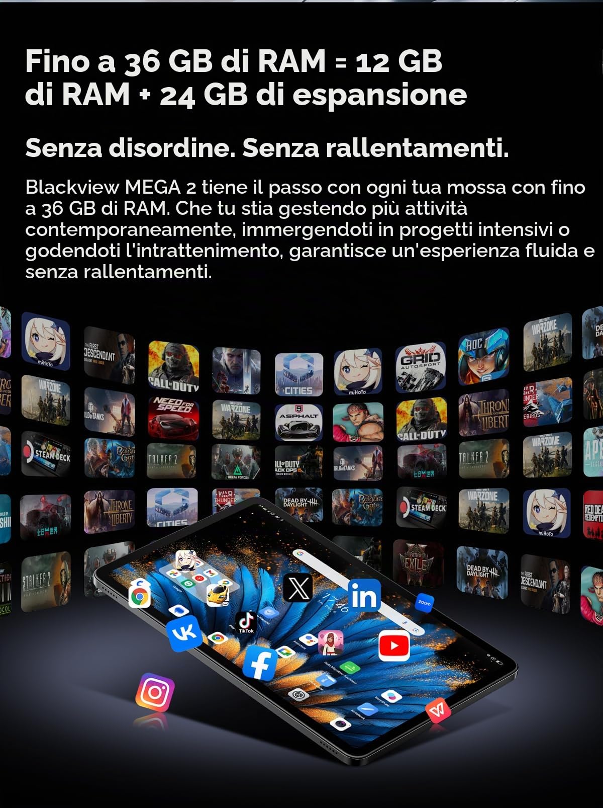 Blackview MEGA 2 WiFi | 12″ 2K 90Hz | 36GB RAM + 256GB (2TB) | Grigio | 9000 mAh | 16MP + 8MP | Android 15 | WLAN Tablet | 2 anni di garanzia