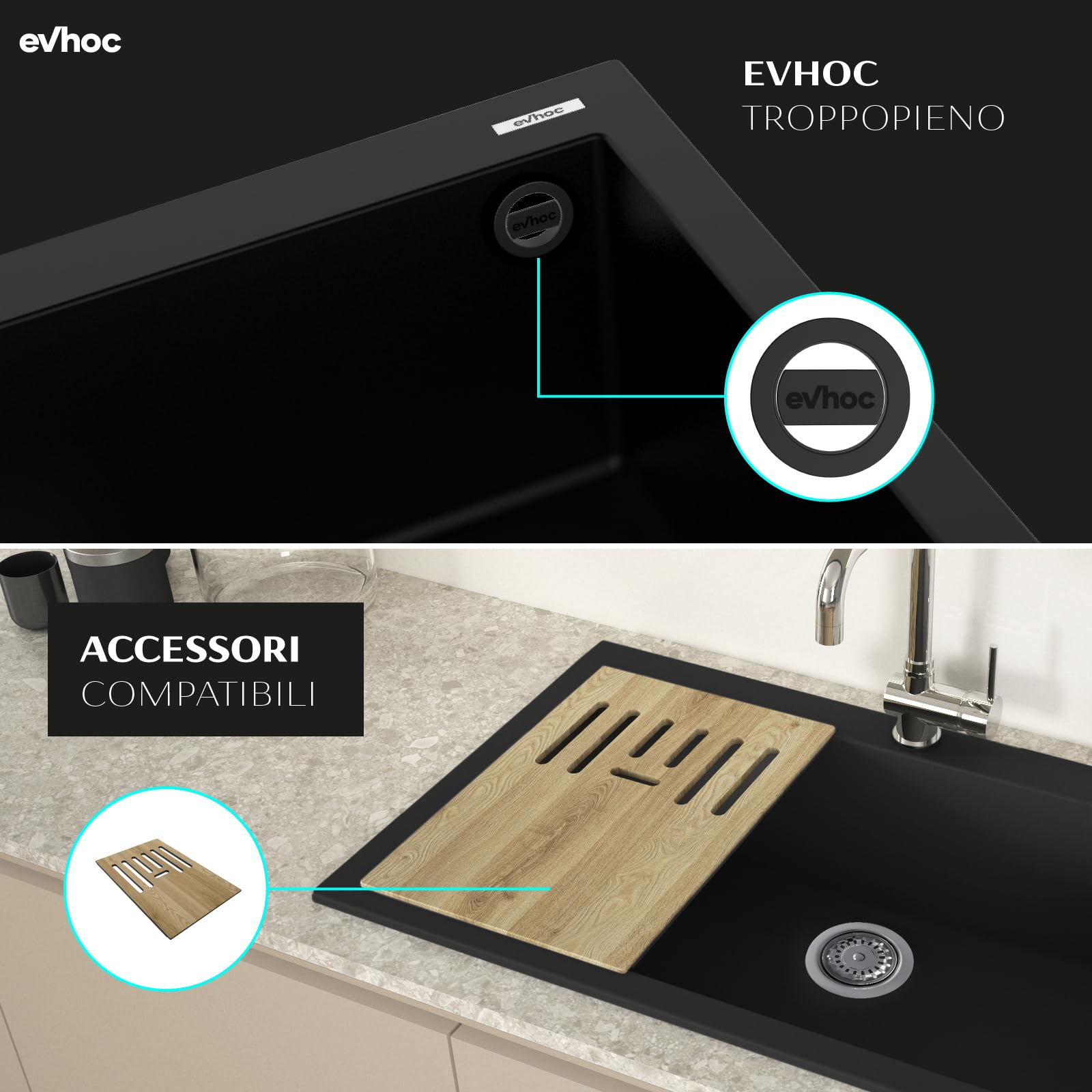 EVHOC Lavello Cucina Sopratop 1 Vasca 79x50 cm, Nero, NHEO L