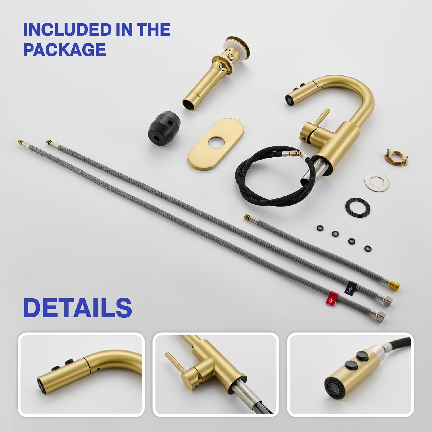 Bathroom Sink Faucet with Pull Down Sprayer, Brushed Gold Single Handle Pull Out Faucet with Pop-Up Drain, 1 or 3 Hole Laundry Bar Basin Faucet with Deck Plate, KBL-7002BG-CL - Image 9