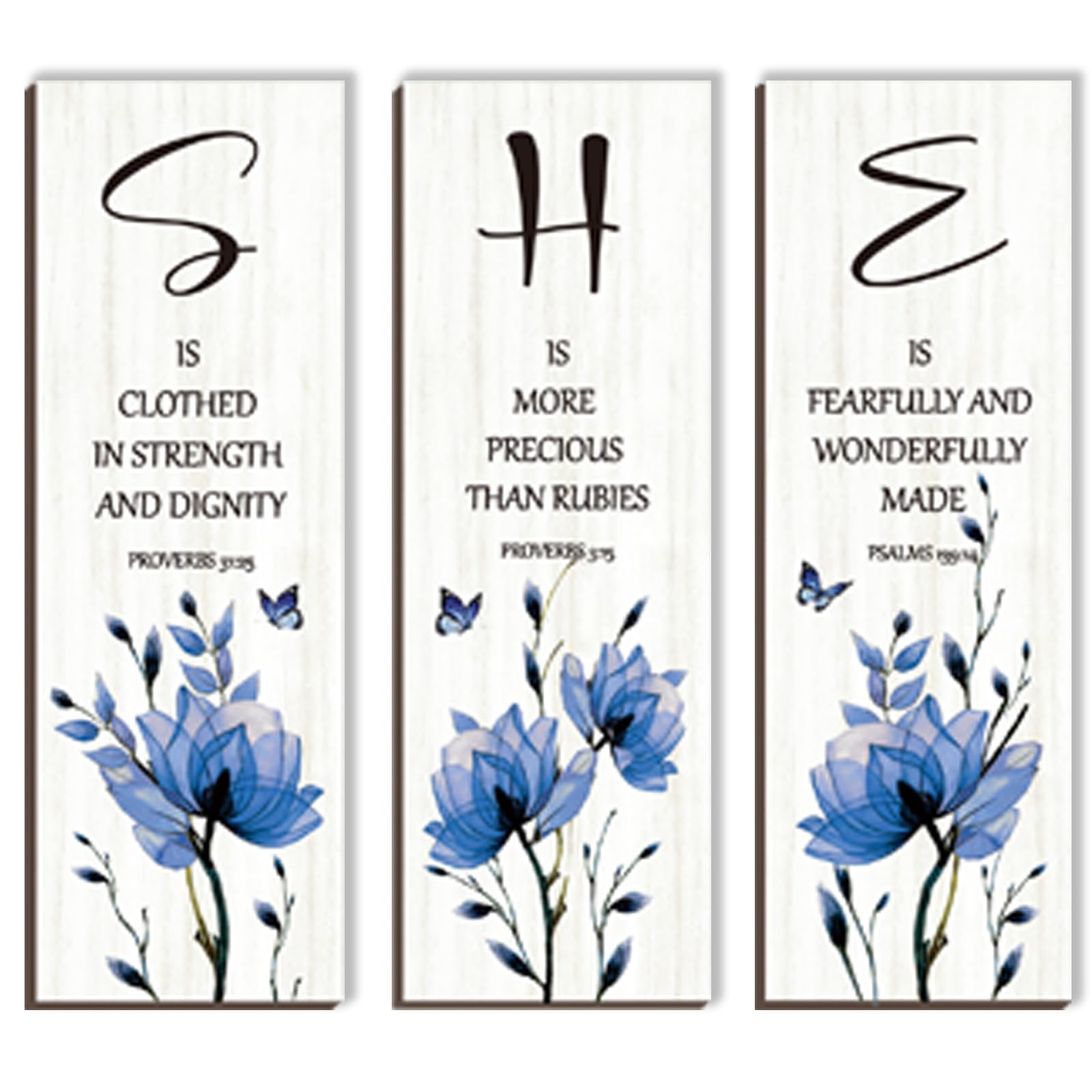 DONFENTHY 3 Pieces Inspirational Blue Floral Wall Decor Wooden Hanging Wall Art Christian Quotes SHE Word Sign Gift for Girl Teen Women Bedroom