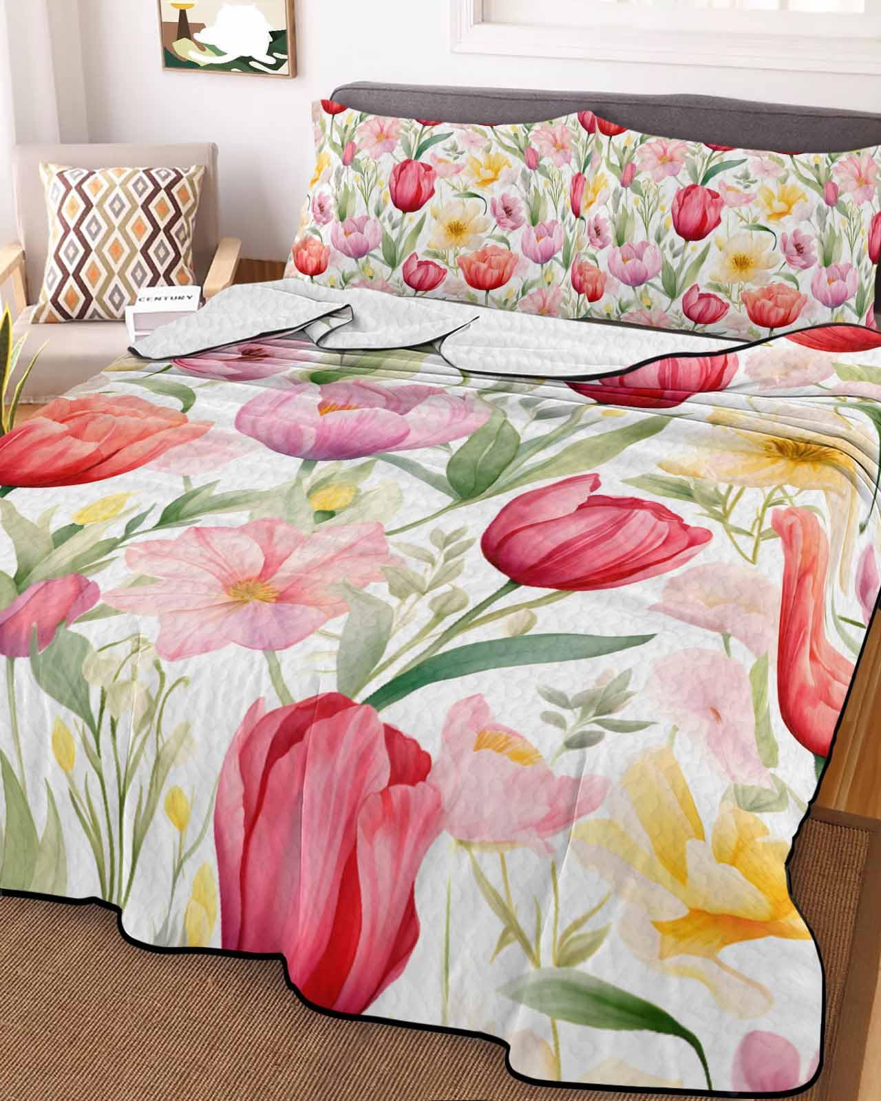 LOT BASIC 3-Piece Summer Quilt King Size, Moroccon Lightweight Cooling Bedding Comforter Blanket with 2 Pillow Shams, Pink Floral Bedspreads Quilted Coverlet Sets 96