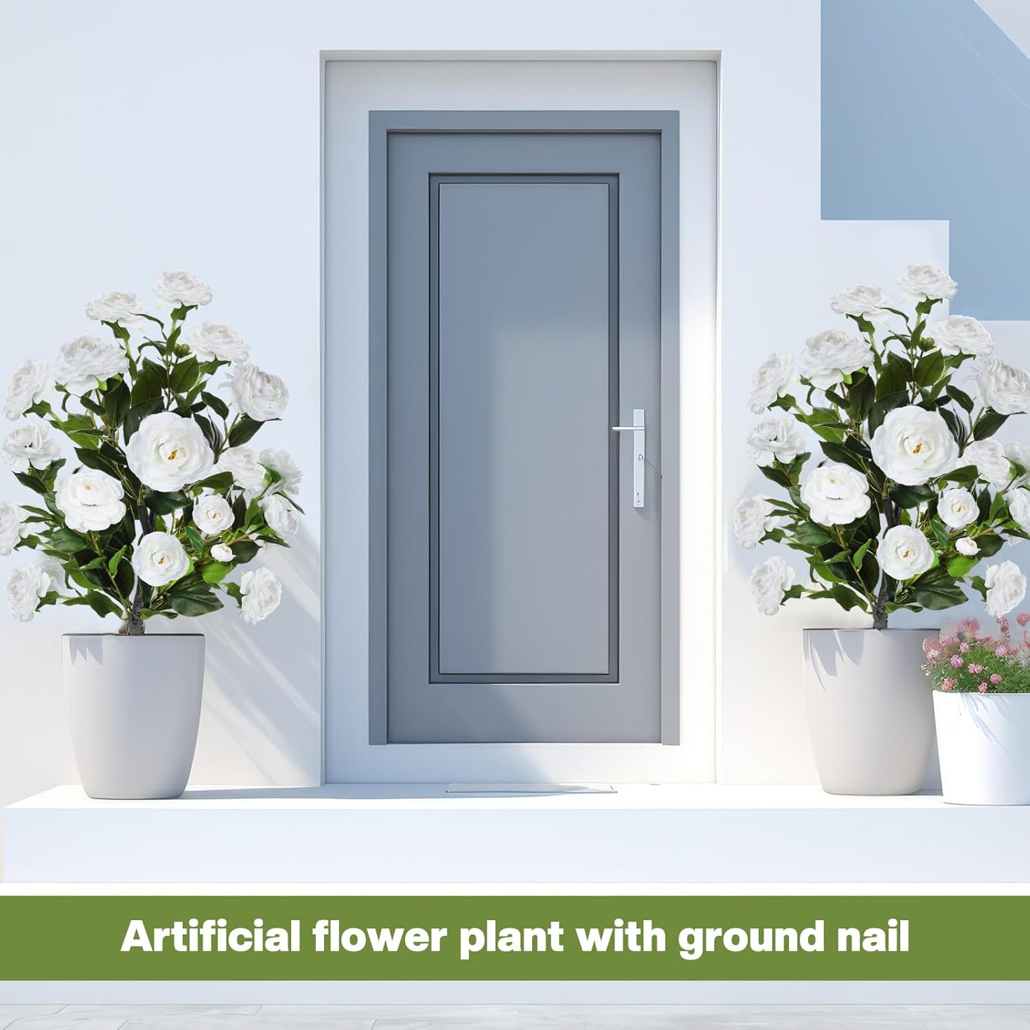 2 Pack 3ft Artificial Camellia Plants Tree 36" Faux Camellia Flower with Spike UV Resistant Realistic Fake Floral Blooming Bush for Indoor Outdoor Front Door Porch Backyard Garden, White