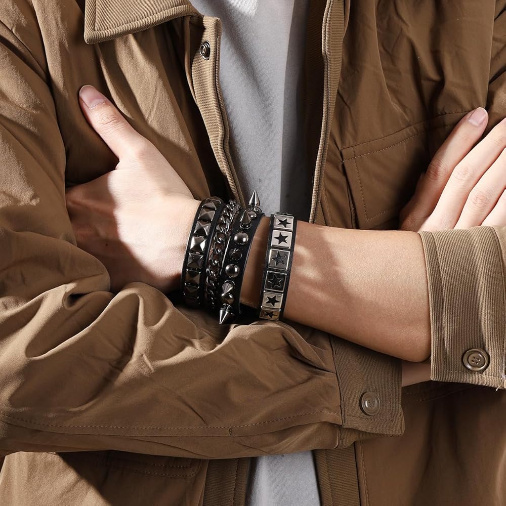 Amazon.com: Eigso 2 Pcs Punk Star Pattern Leather Cuff Bracelets