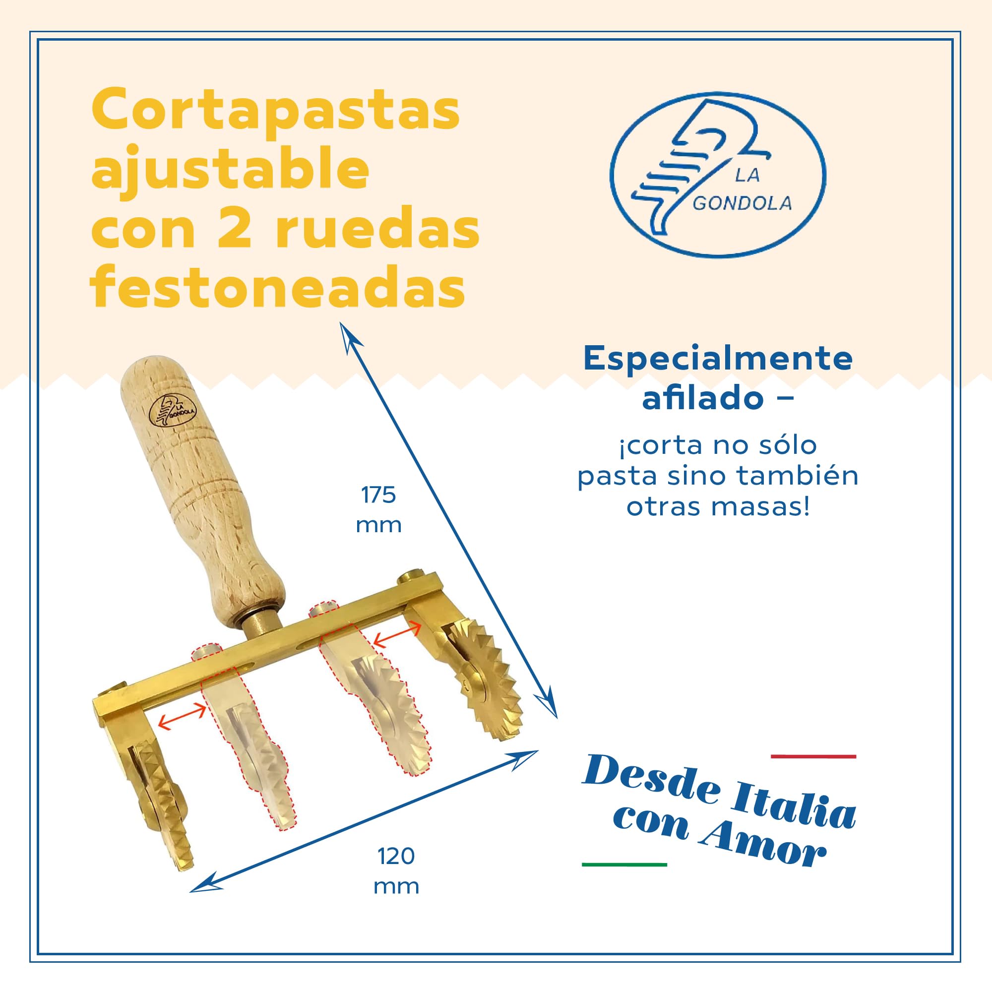 La Gondola Cortador de Rueda Ajustable (2 Festoneadas) | Utensilios para Pasta Fresca para Casa y Negocio | Cortapastas Fácil de Usar de Latón y Madera Natural | Cortador de Raviolis