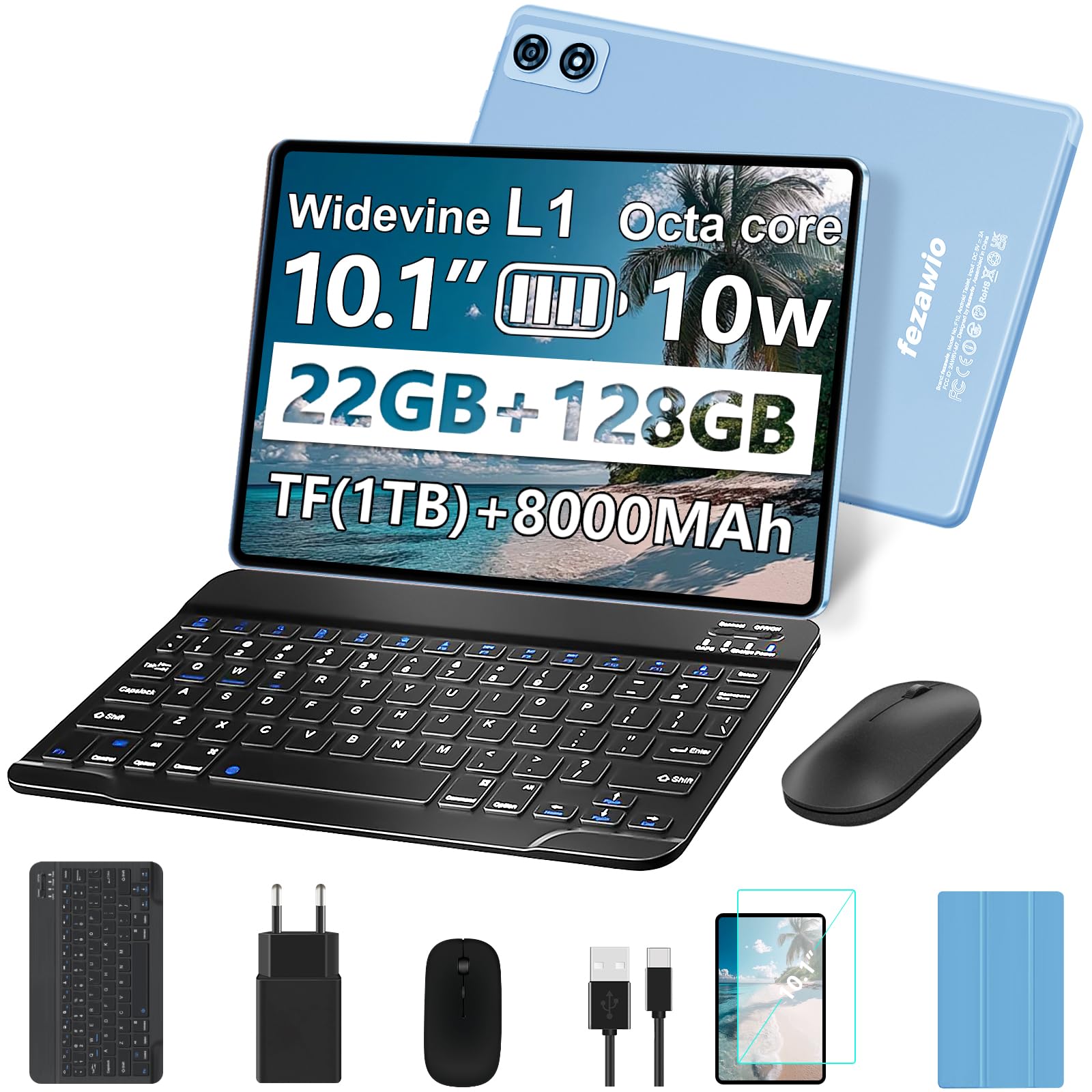 fezawio Tablet 10 Pulgadas Tablets Android 14,22GBRam+128GB ROM Octa-Core Tablets 5G WiFi, 8000 Mah,(1tb TF) Tablet con Teclado y RatóN- Gris