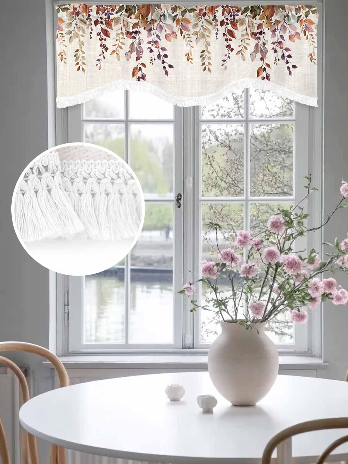 Window Valance Curtain Autumn Pastoral Fall Leaves Valances for Kitchen Windows, Scalloped Valance with Tassel, Botanical Berry Retro Linen Short