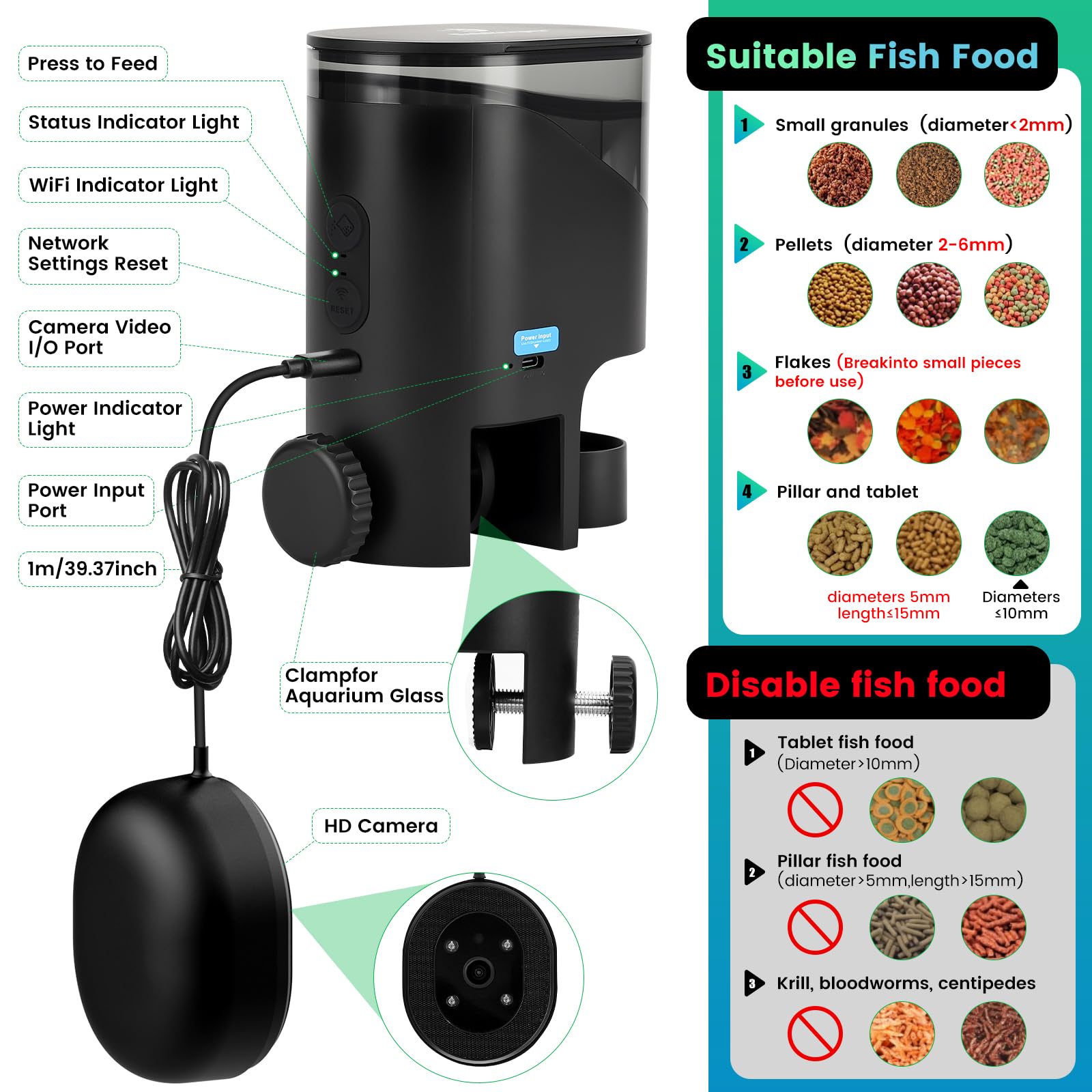 fishkeeper Mangiatoia automatica WiFi per acquario con fotocamera HD e app | Mangime automatico programmabile per pesci, con timer, 230 ml, per fiocchi, tartarughe, Wi-Fi (2,4/5 GHz)