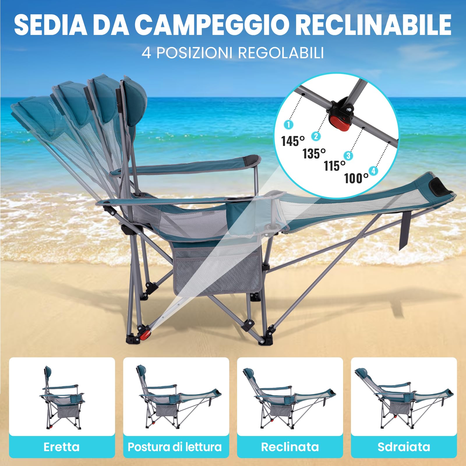 #WEJOY Sedia da campeggio pieghevole 2 in 1, 180 kg, con poggiapiedi, sedia da spiaggia con schienale regolabile in 4 posizioni, sedia a sdraio, sedia a sdraio con supporto per bevande, sedia da