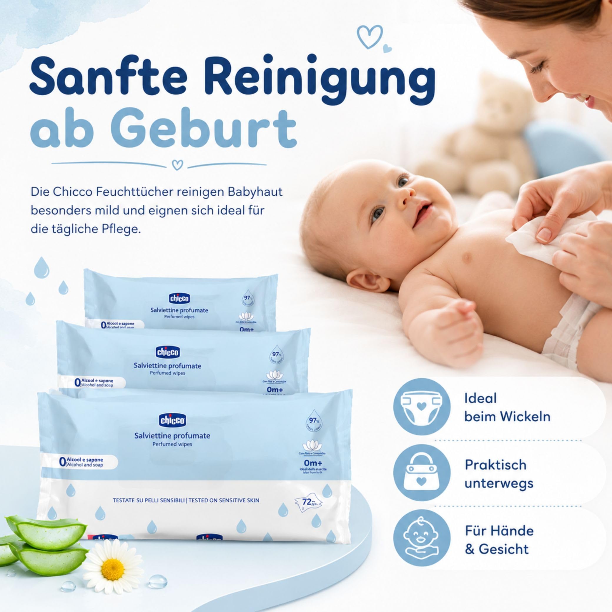 Chicco Feuchttücher Multipack, Set Windel Blaubär | Kinderhaus Blaubär: ohne Alkohol & Seife, mit Lotuswasser, für empfindliche Haut, 72 Tücher